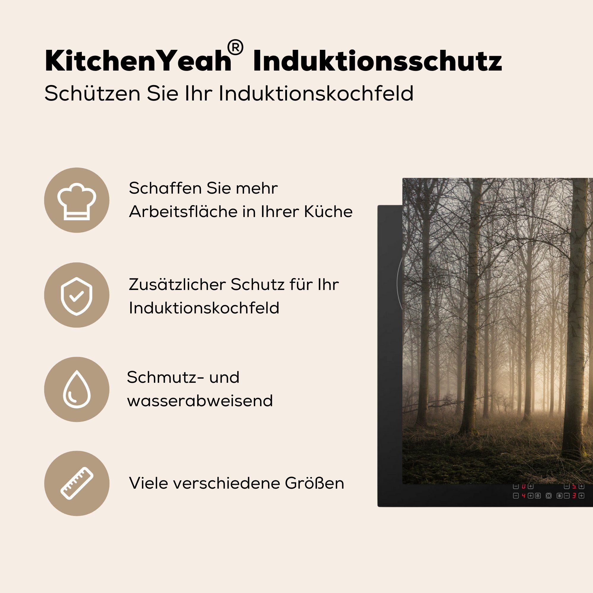 Induktionskochfeld (1 - Sonne 81x52 Herdblende-/Abdeckplatte Nebel, Vinyl, - tlg), Wald für MuchoWow cm, küche, Ceranfeldabdeckung Schutz die