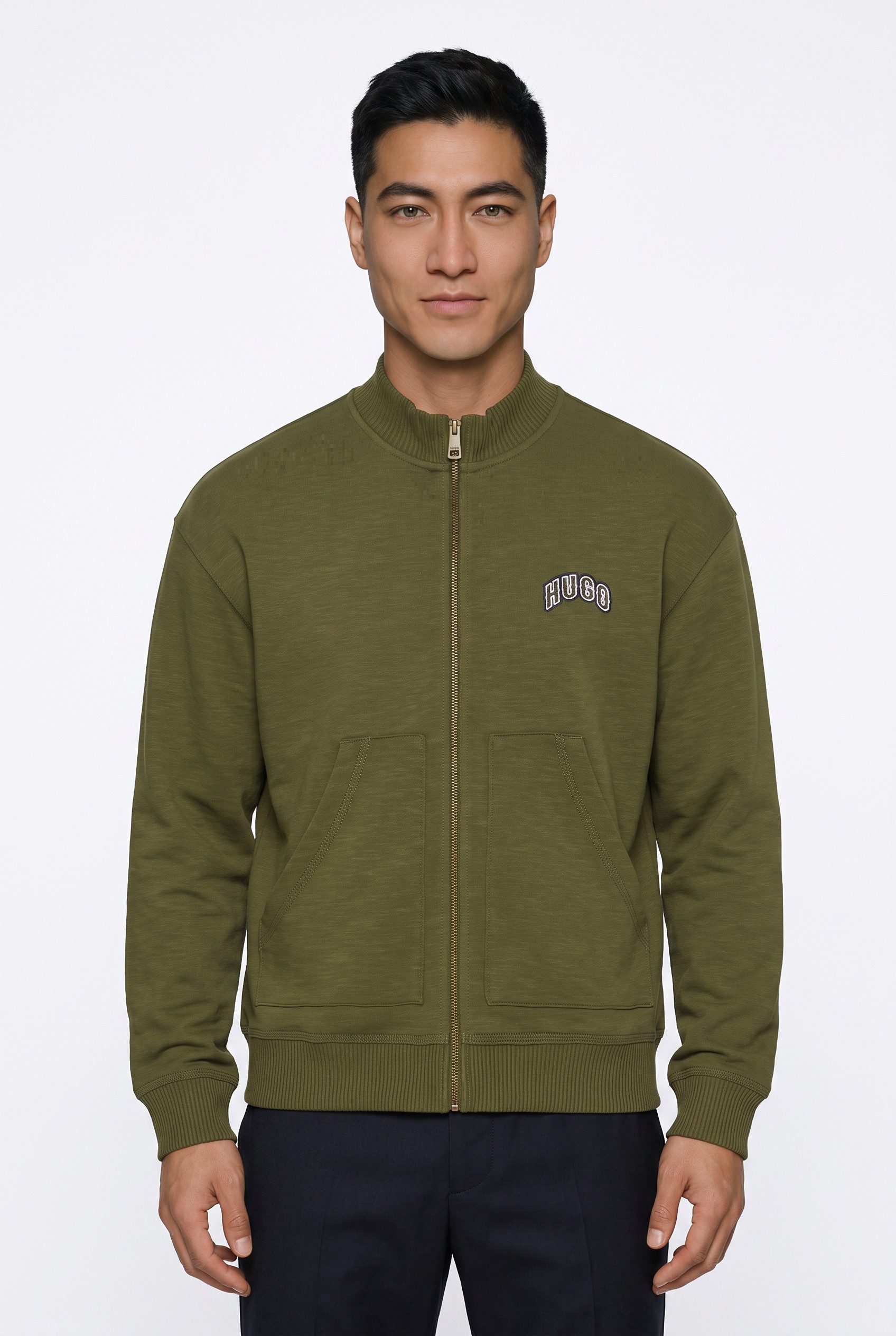 HUGO Sweatjacke Nuvojack Stehkragen Metallreißverschluss, reine Baumwolle