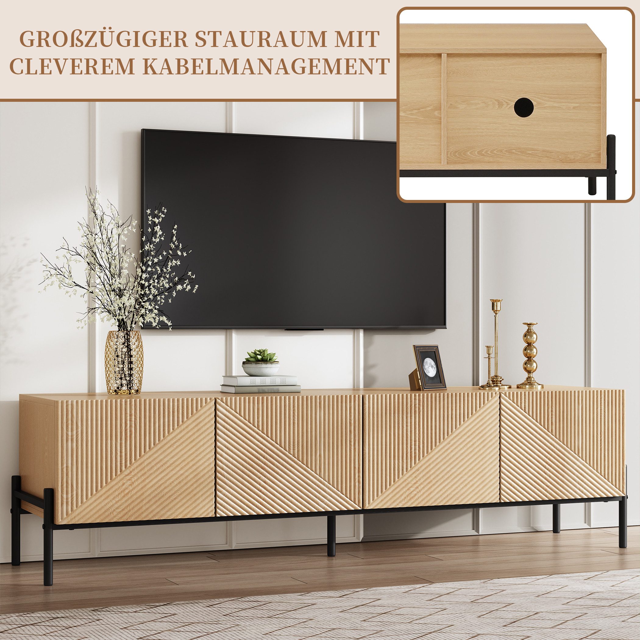 SeedWave Lowboard TV-Schrank in Holzoptik, mit 4 Grifflosen Türen, Stauraum, Eisenbeinen, 163cm Fernsehschrank mit Kabeldurchführung – Bild 5 von 5