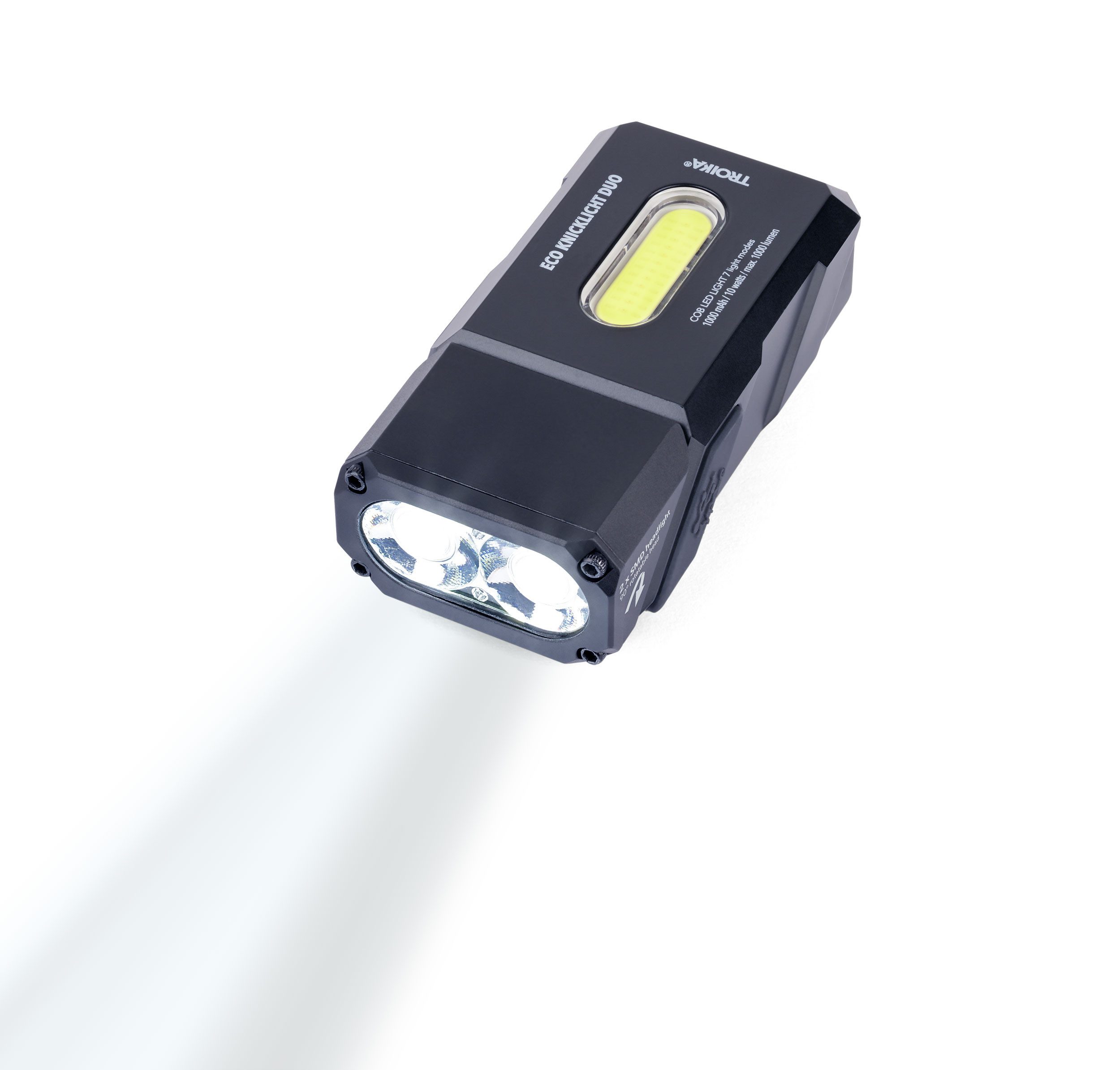 TROIKA LED Stirnlampe & Taschenlampe ECO DUO wiederaufladbar, 1000 Lumen, 7 Modi, Rotlicht (1-St), Magnet & Clip Befestigung, mit Stirnband, 90° drehbar, aus Aluminium