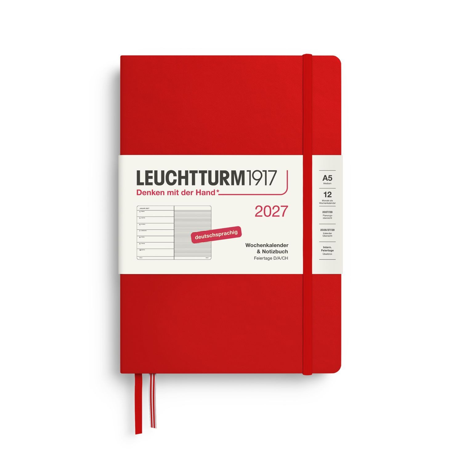 Leuchtturm1917 Taschenkalender Wochenkalender 2027 & Notizbuch Medium A5 Hardcover Cherry