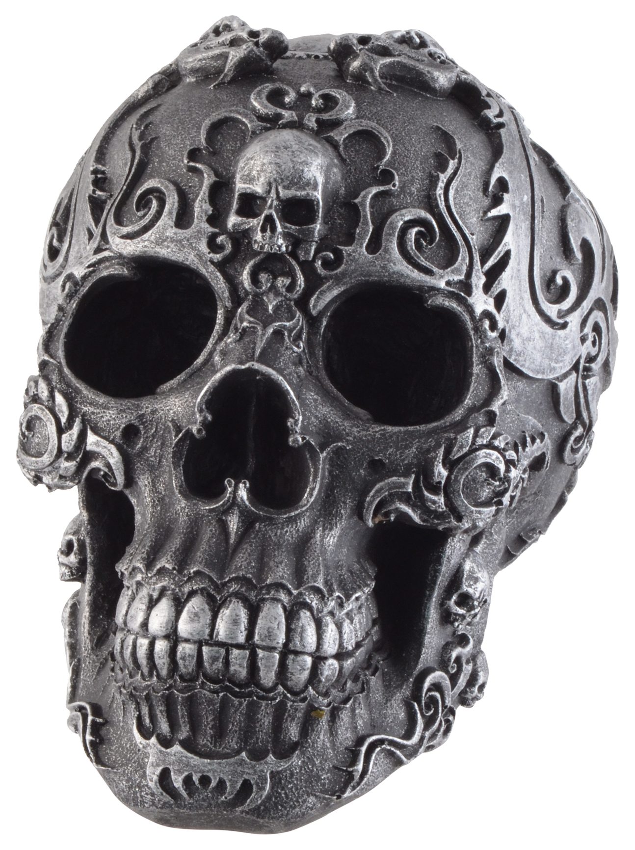 Vogler direct Gmbh schwarzer Kunststein, ca. 12x17x13 verziert, Symbolen mit "Gothik Schädel LxBxH cm silbernen aus Dekofigur Skull" Größe
