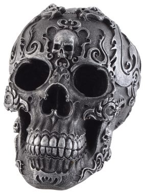 Vogler direct Gmbh Dekofigur "Gothik Skull" schwarzer Schädel mit silbernen Symbolen verziert, aus Kunststein, Größe: LxBxH ca. 12x17x13 cm