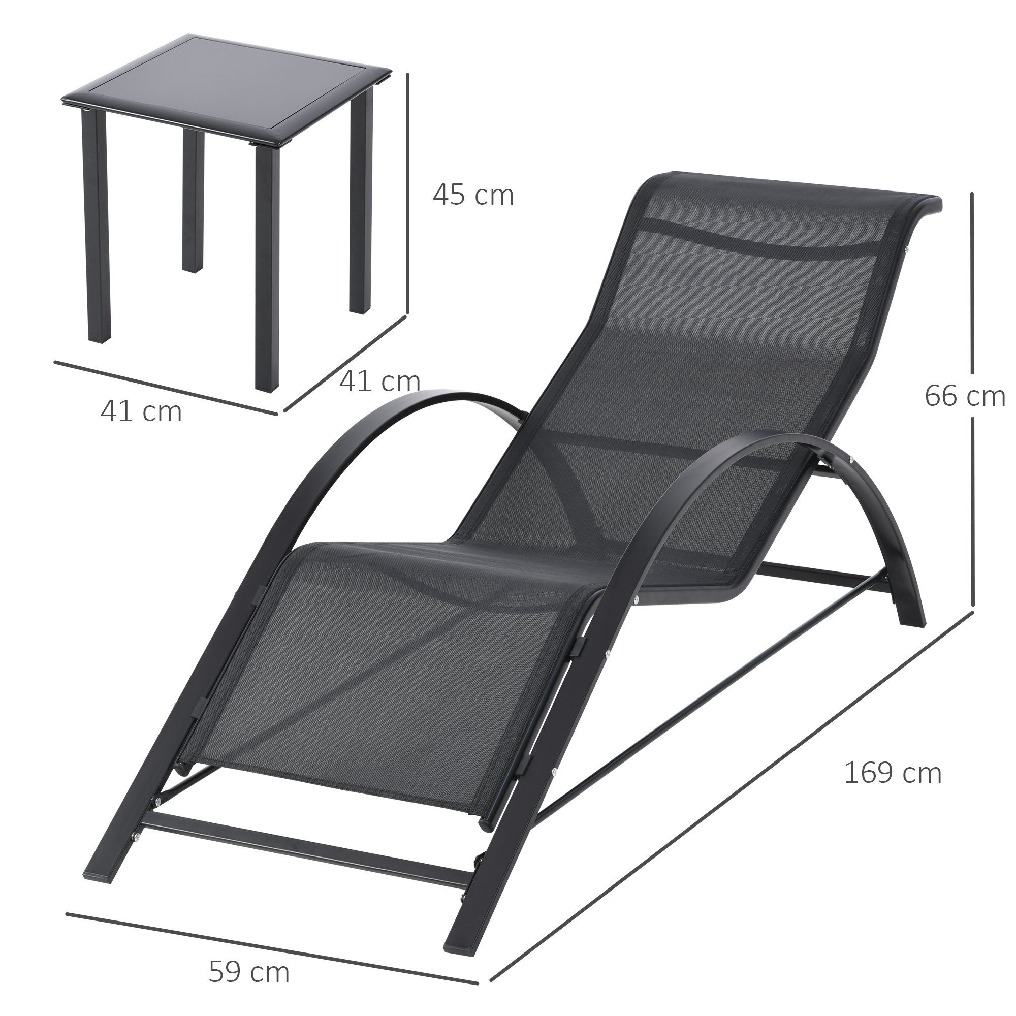 Outsunny Gartenliege Sonnenliege-Set mit Tisch, 2 Liegestühlen, Liege, 3 St., Relaxliege, für Balkon, Terrasse, Schwarz