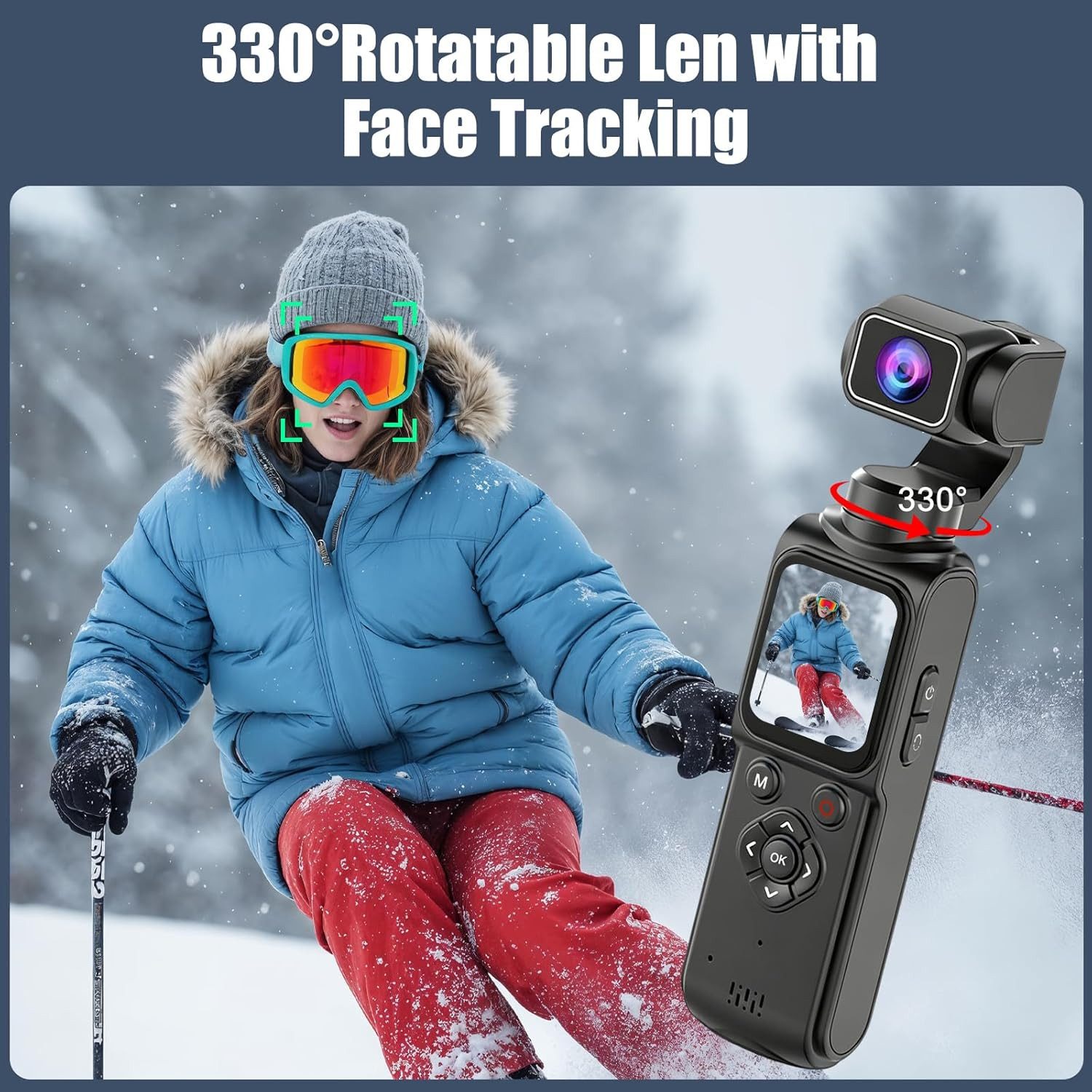 Fyrove 4K Action Cam mit 330° drehbarem Objektiv, 1,72" Touchscreen Kompaktkamera (Gesichtsverfolgung, WLAN, für Vlogs & Reisen)