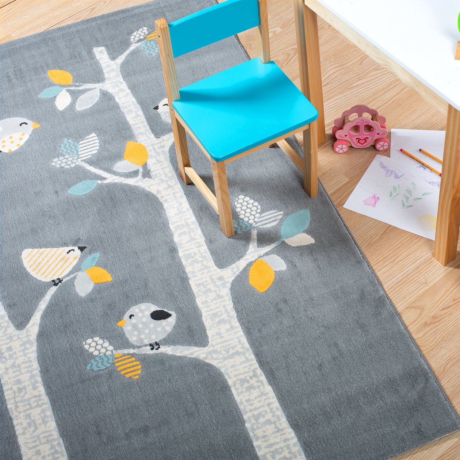 DomDeco Kinderteppich Baby- & Kinderteppich YLVIE, 7,5mm hoher Kurzflor, mit Vogel Motiv