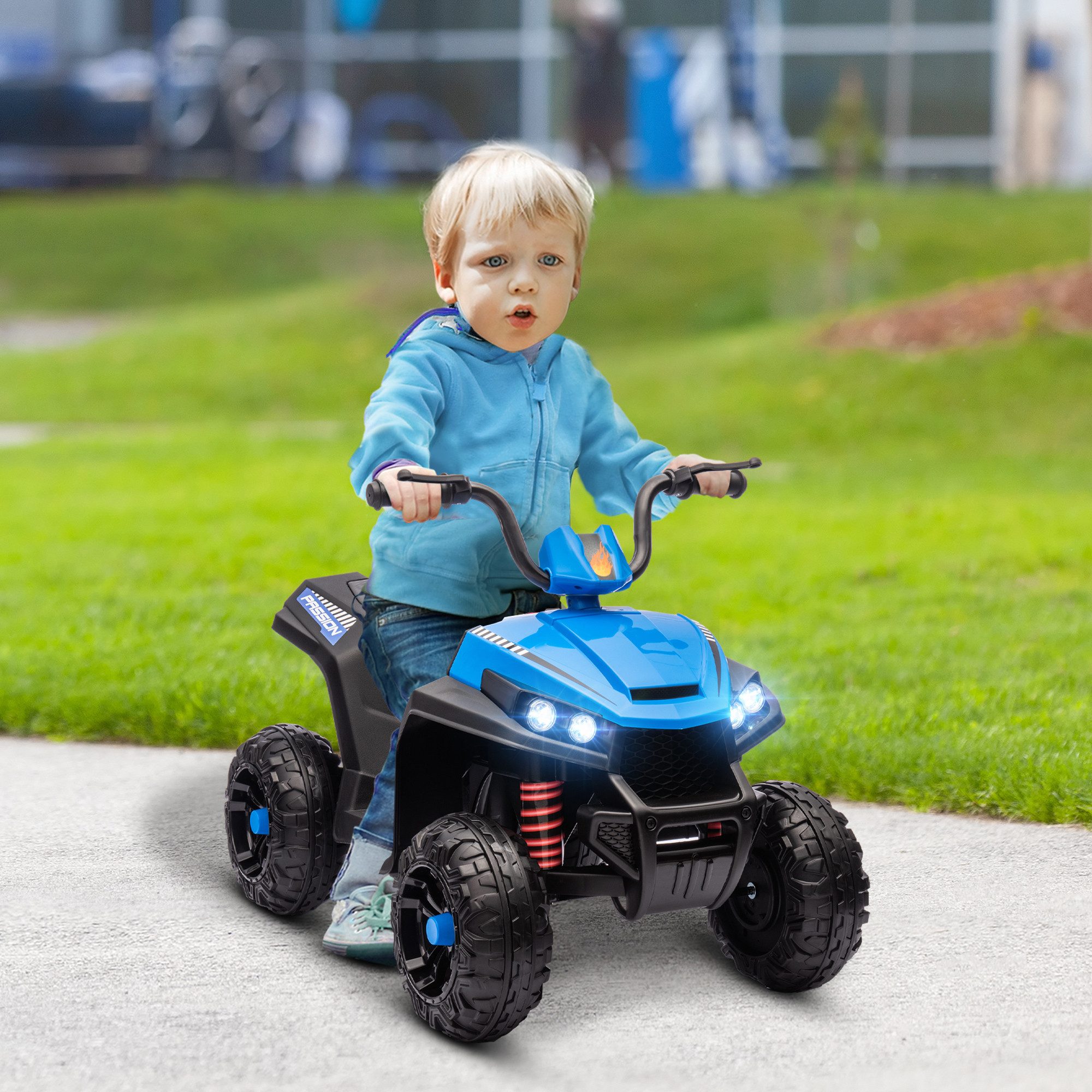 AIYAPLAY Elektro-Kinderquad 12V, mit 4-Rad-Federung, MP3-Musikplayer, Scheinwerfer, Belastbarkeit 30 kg, (1-tlg), für 3-5 Jahre Kinder, 5 km,h, Metall, Blau
