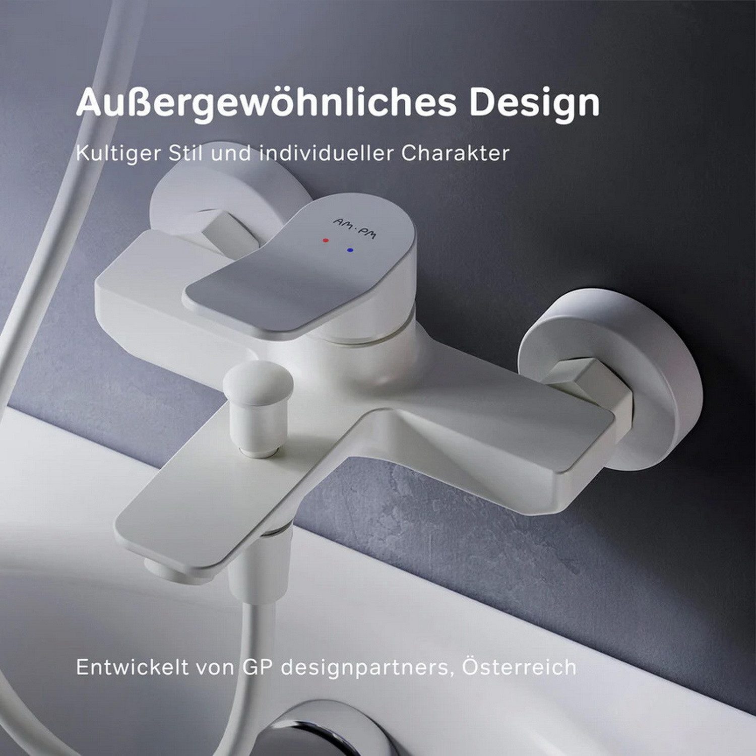 AM.PM Badarmatur Bad Armatur Wannenarmatur X-JOY Mischbatterie Wasserhahn Badewanne (Badezimmerarmatur Badewannenarmatur mit Duschschlauchanschluss Weiß, Einhebelmischer mit Auslauf) inkl. 2 x Abdeckrosetten