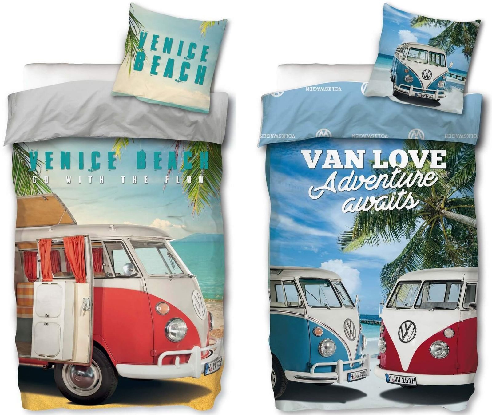 SkyBrands Bettwäsche VW Bulli - 2 x Bettwäsche-Set, Bus T1 Strand Beach, 135x200 & 80x80, Baumwolle, 100% Baumwolle