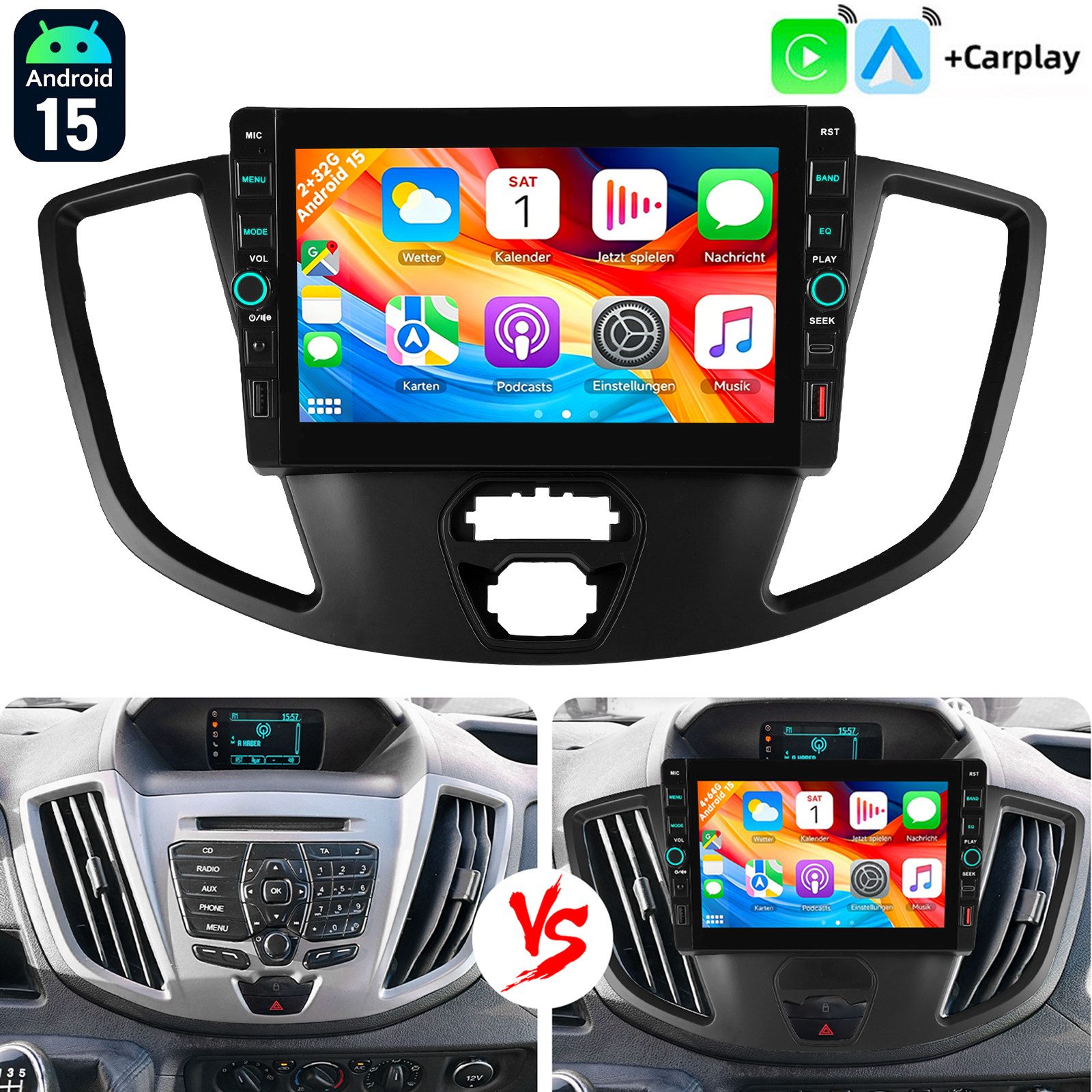 ESSGOO Für Ford Transit 15-19 Android 15 Autoradio GPS Navi Carplay BT USB FM Autoradio (RDS, 4+64GB(optional), Digitalradio (DAB), FM)