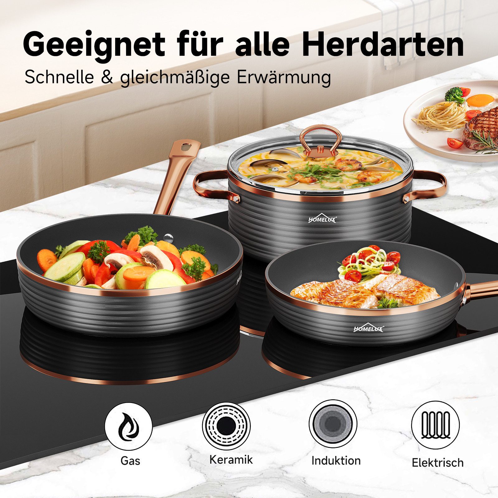 HOMELUX Topf-Set 8-teiliges Induktions Küchenhelfer-Set, Aluminium (8-tlg, 8-tlg., 2 Pfannen+2 Kochtöpfe+1 Kasserolle), für alle Herdarten geeignet