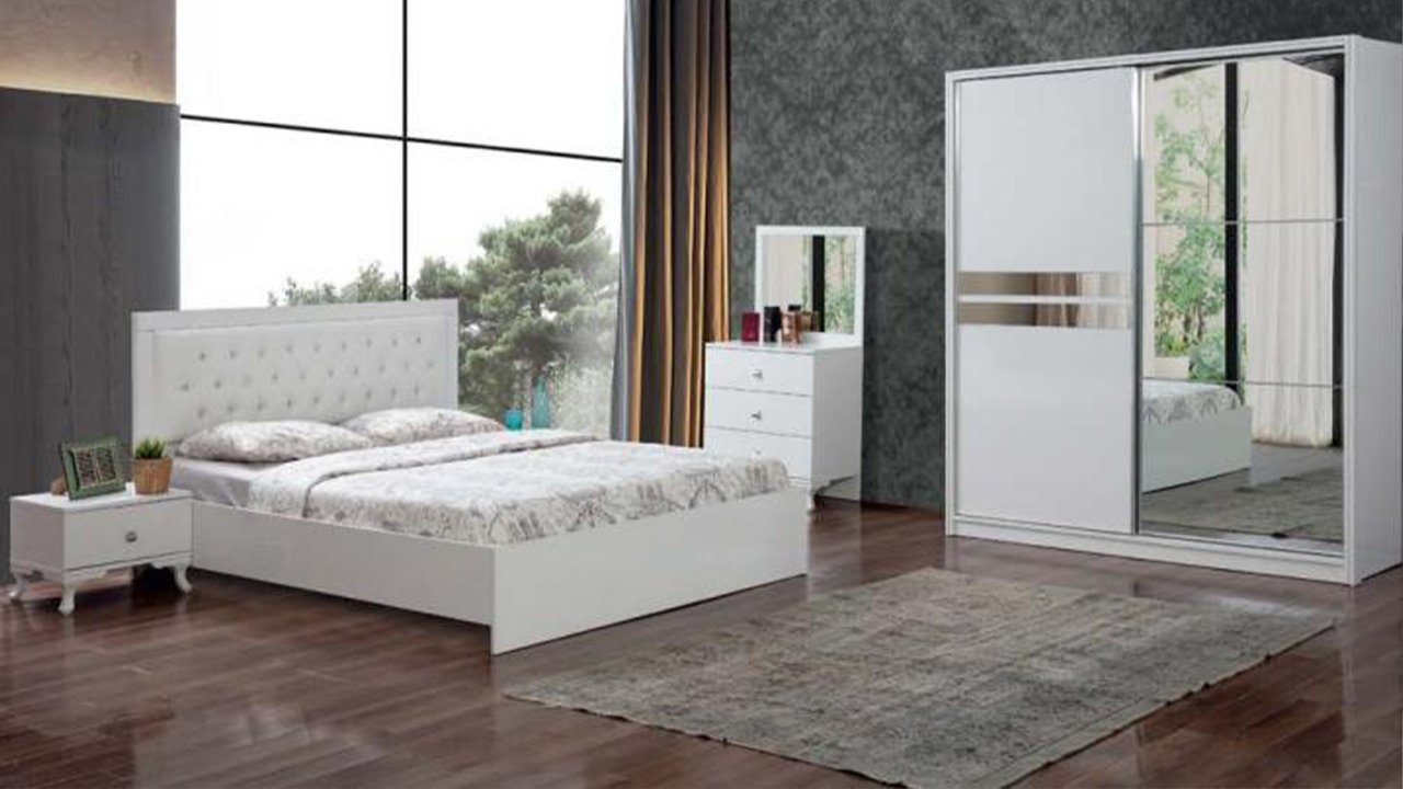 JVmoebel Schlafzimmer-Set Modernes Weißes Schlafzimmer Set Bett + 2x Nachttische Kleiderschrank, Made In Europe