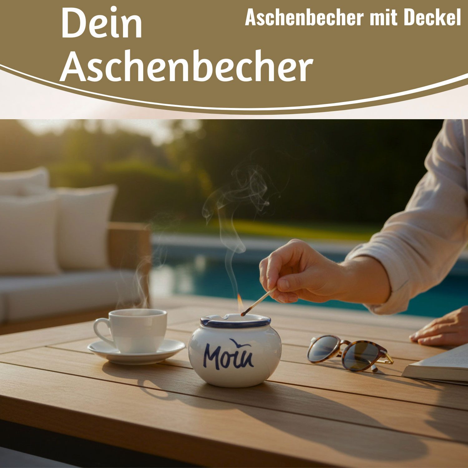 LS-LebenStil Aschenbecher Sturmaschenbecher Moin 10x7,5cm Maritim Weiß Blau mit Deckel, Windaschenbecher Ashtray Tischaschenbecher Garten Balkon Deko