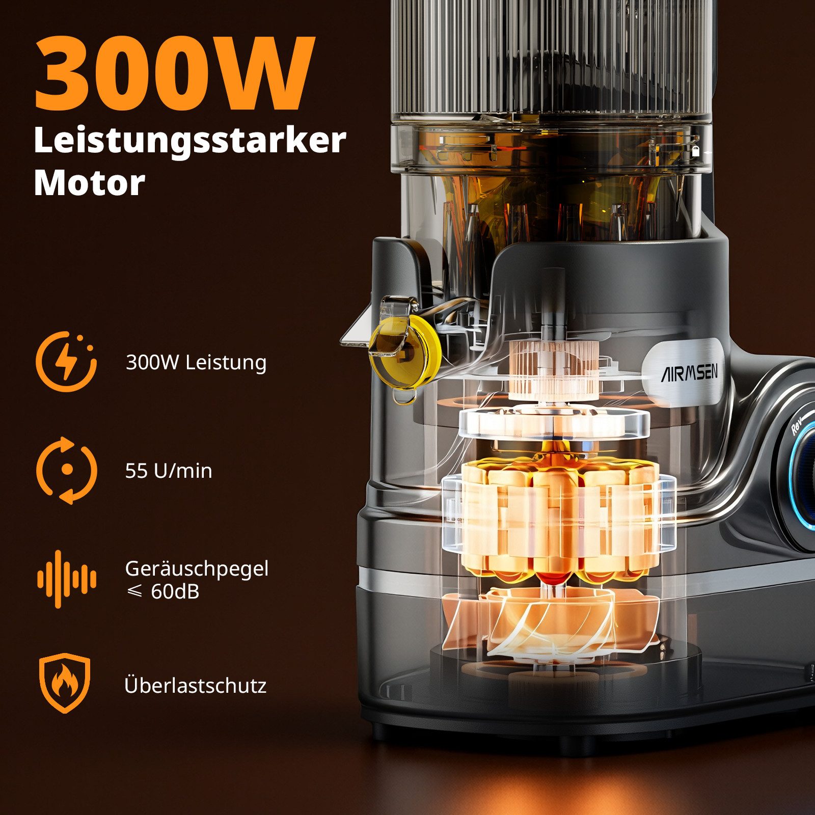 Airmsen Slow Juicer mit 147MM Extra Großem Einfüllschacht, Entsafter Gemüse und Obst, 300 W, Leicht zu Reinigen, Hohe Saftausbeute – Bild 4 von 5