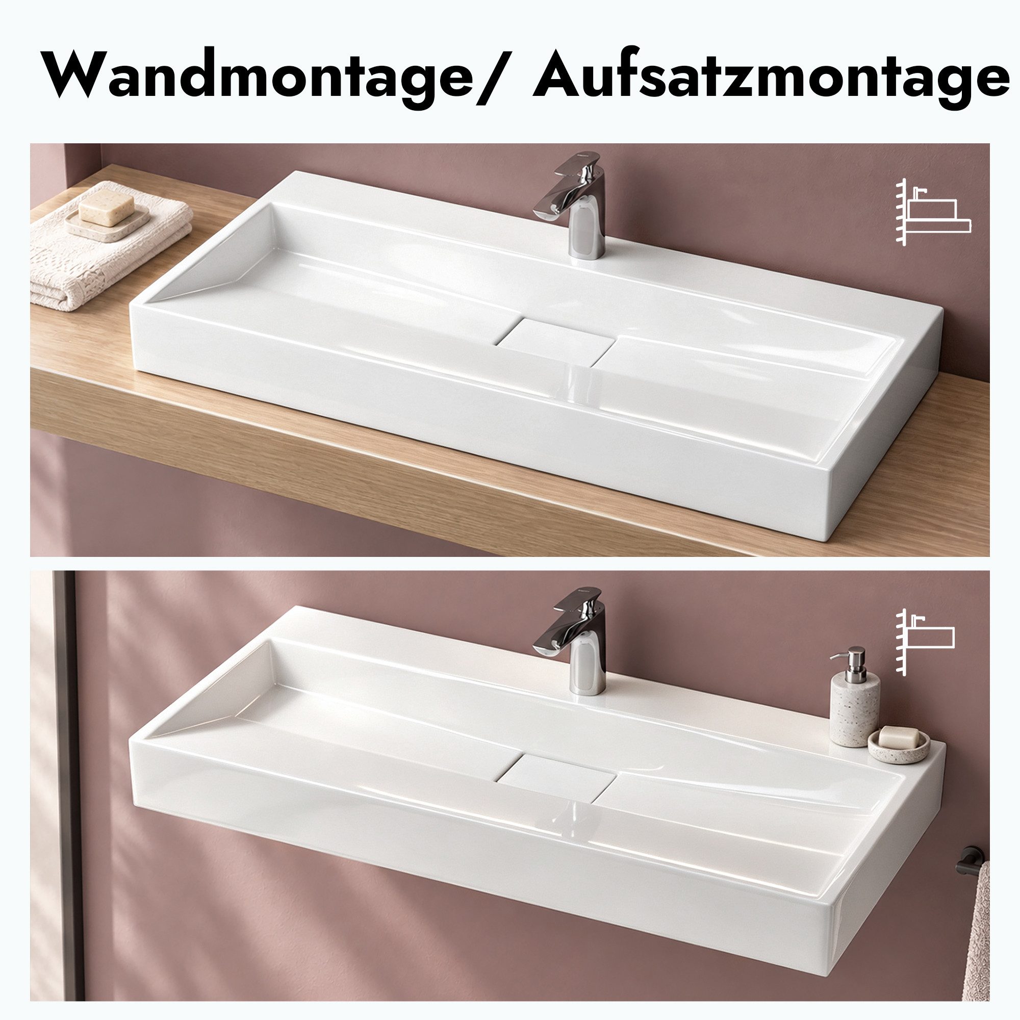 doporro Waschbecken Aufsatzwaschbecken mit Ablaufgarnitur Waschtisch Mineralguss Col19, mit Hahnlöcher, Integrierte Gefälle, Mineralguss aus einem Stück