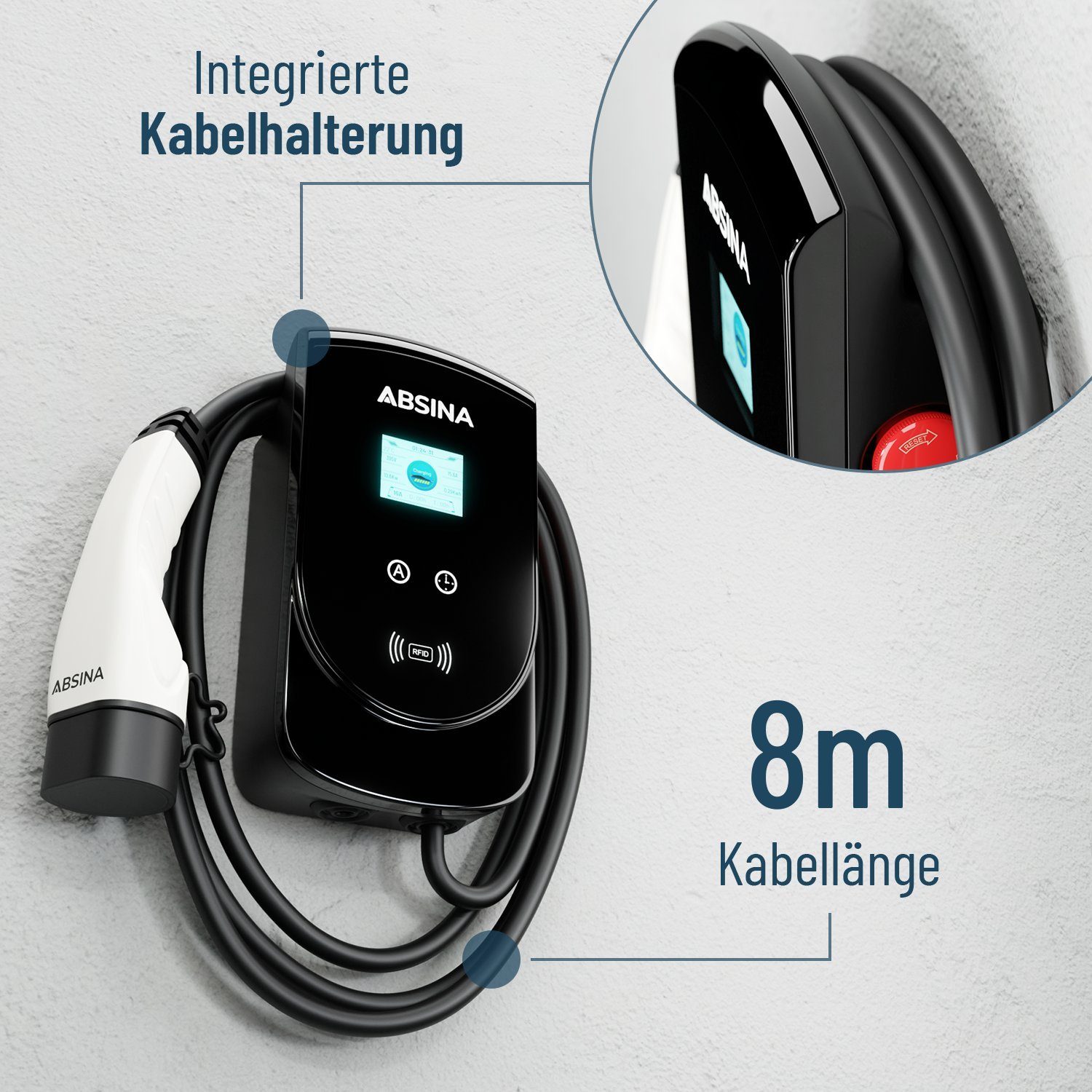 ABSINA Wallbox 11kW mit Typ 2 Ladekabel 8m - Elektroauto Ladestation bis 16A Elektroauto-Ladegerät
