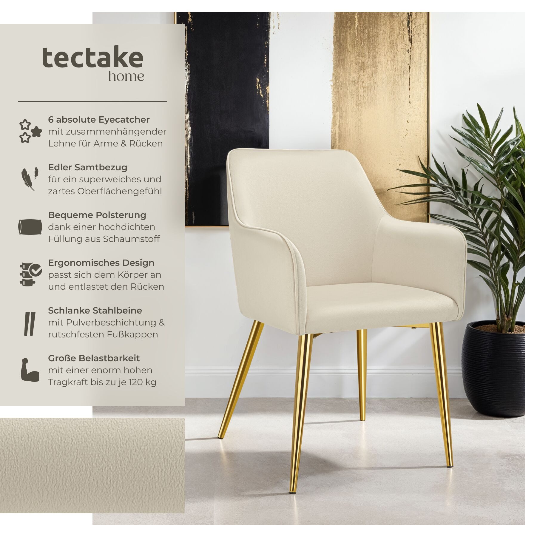 tectake Esszimmerstuhl Armlehnstuhl Avane, Samtoptik, gepolstert (Set, 6 St günstig online kaufen