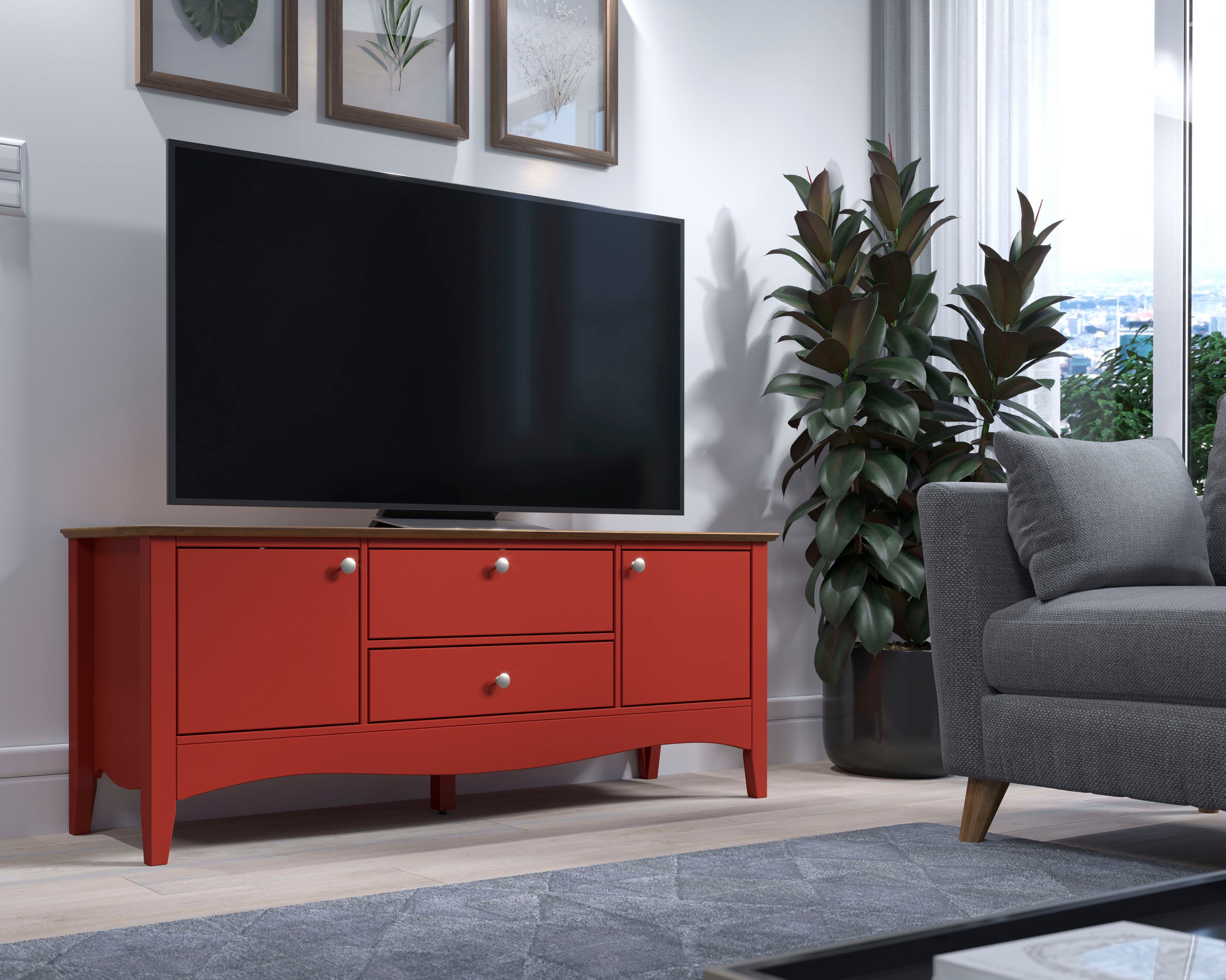 INTER-FURN cm Rot lackiert Kiefer Massiv, Massiv lackiert/Kiefer & Metallgriffe, | Kiefer TV-Board Kiefer 140/58/42 MDF, MDF, Massiv & Lissabon, Rot Kaffeebraun lackiert B/H/T: teilmassiv,