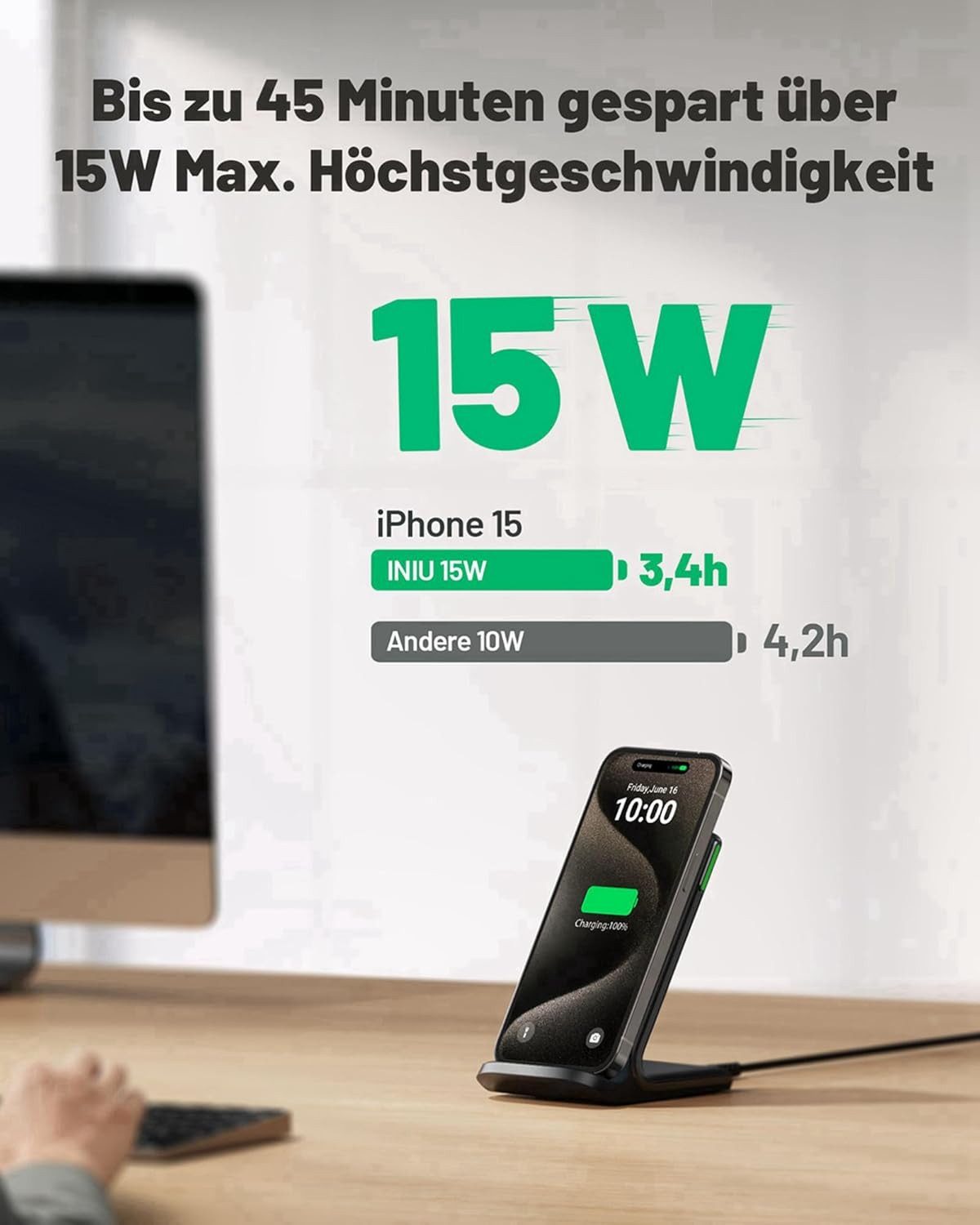 INIU Wireless Charger Stand 15W Qi Schnellladegerät mit Halterung Wireless Charger (Kabellose 15W Ladestation mit USB-C-Kabel und Bedienungsanleitung, Ladestation inkl. USB-C-Kabel und Benutzerhandbuch, Kabelloses 15W Qi-Ladegerät mit LED & Handyhalterung)