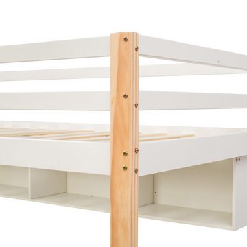 NMonet Hochbett Etagenbett Kinderbett 90x200cm Holzbett aus Kiefernholz, mit Schreibtisch, Regalen und Stauraumtreppe
