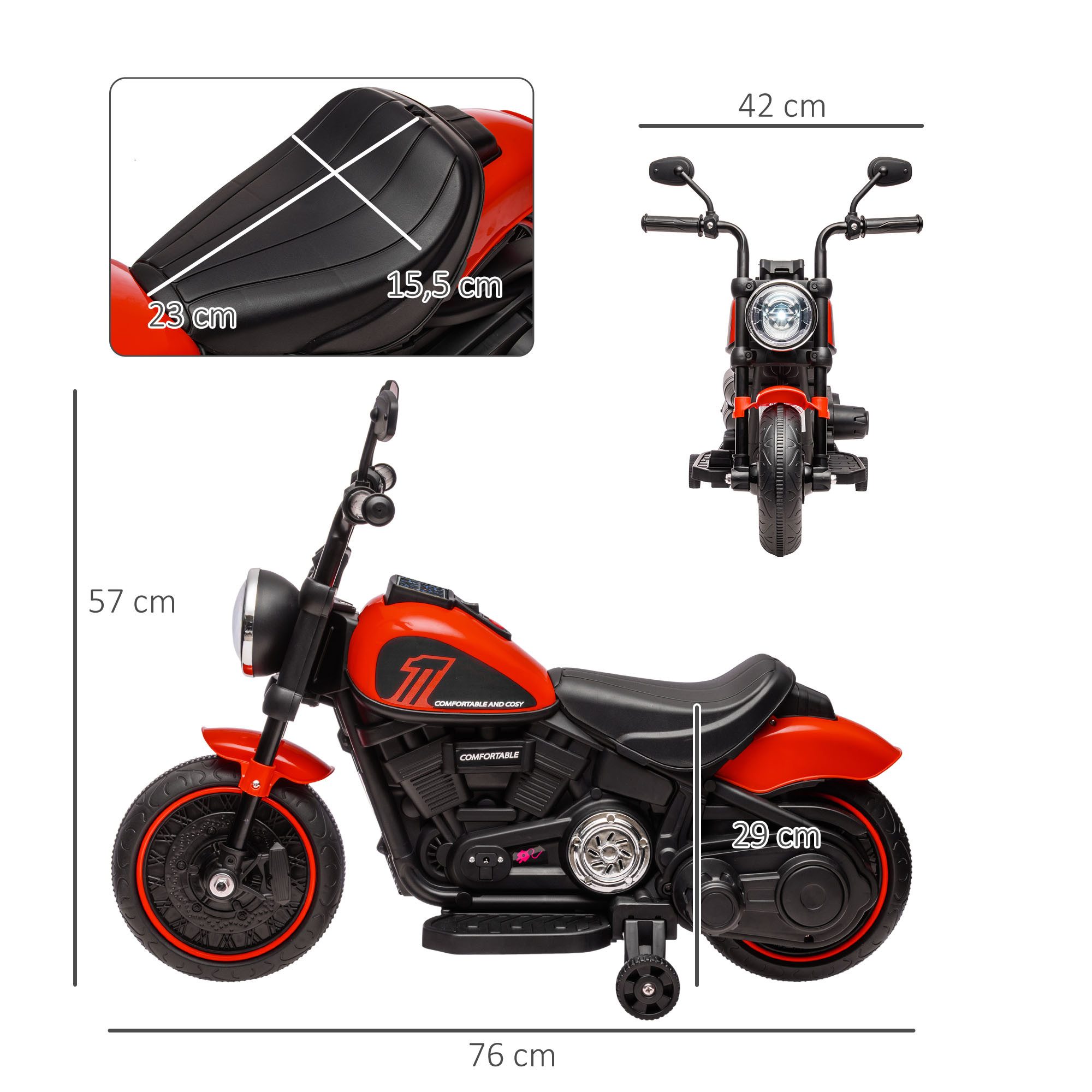 HOMCOM Elektro-Kindermotorrad 18-36 Monate, mit Stützrädern und Scheinwerfer, Belastbarkeit 25 kg, (1-tlg), 3km,h, rot