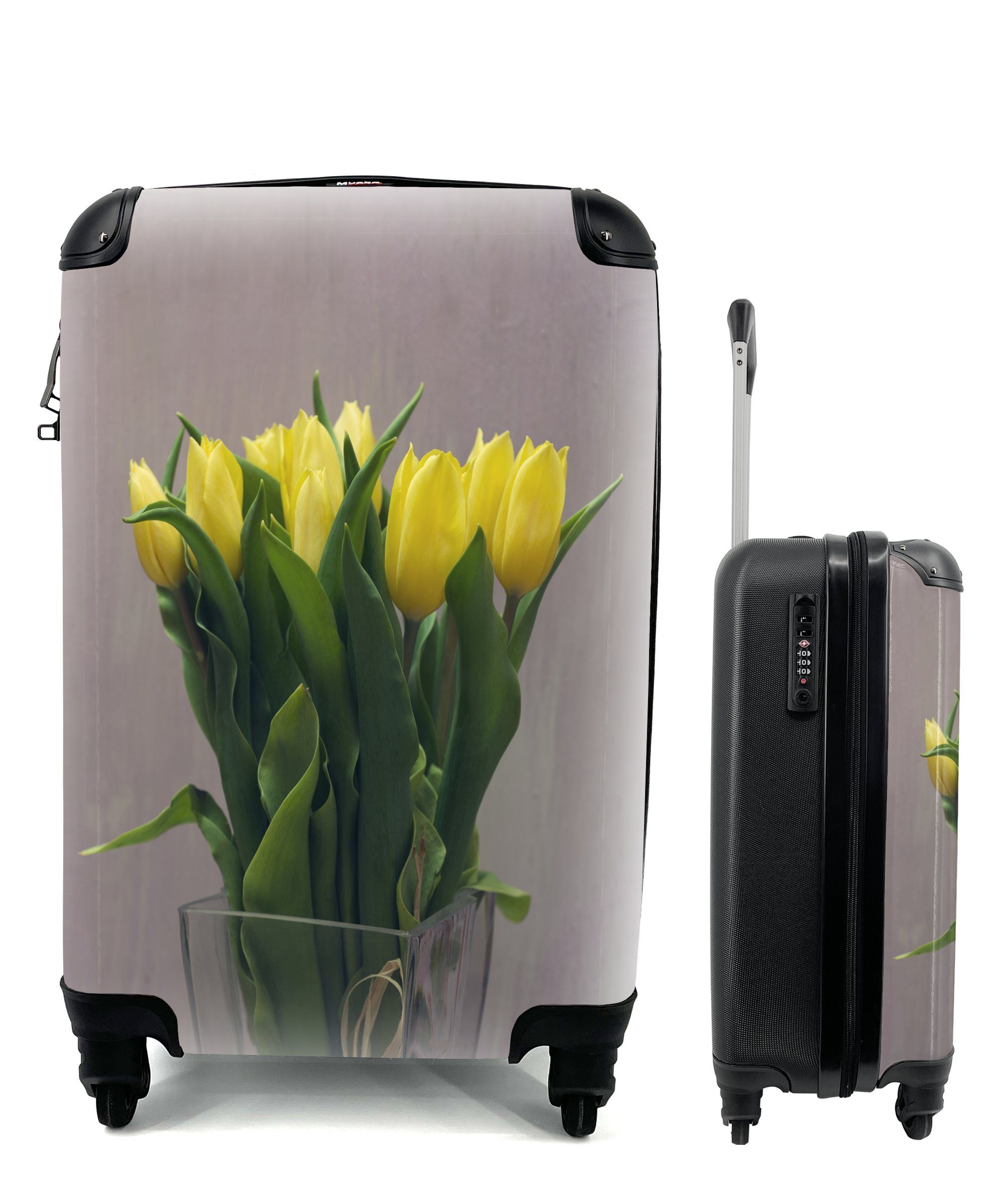 rollen, 4 auf Ferien, Handgepäckkoffer grauem Gelbe für Tulpen Reisekoffer einer MuchoWow in Reisetasche Handgepäck Vase Hintergrund, mit Rollen, Trolley,