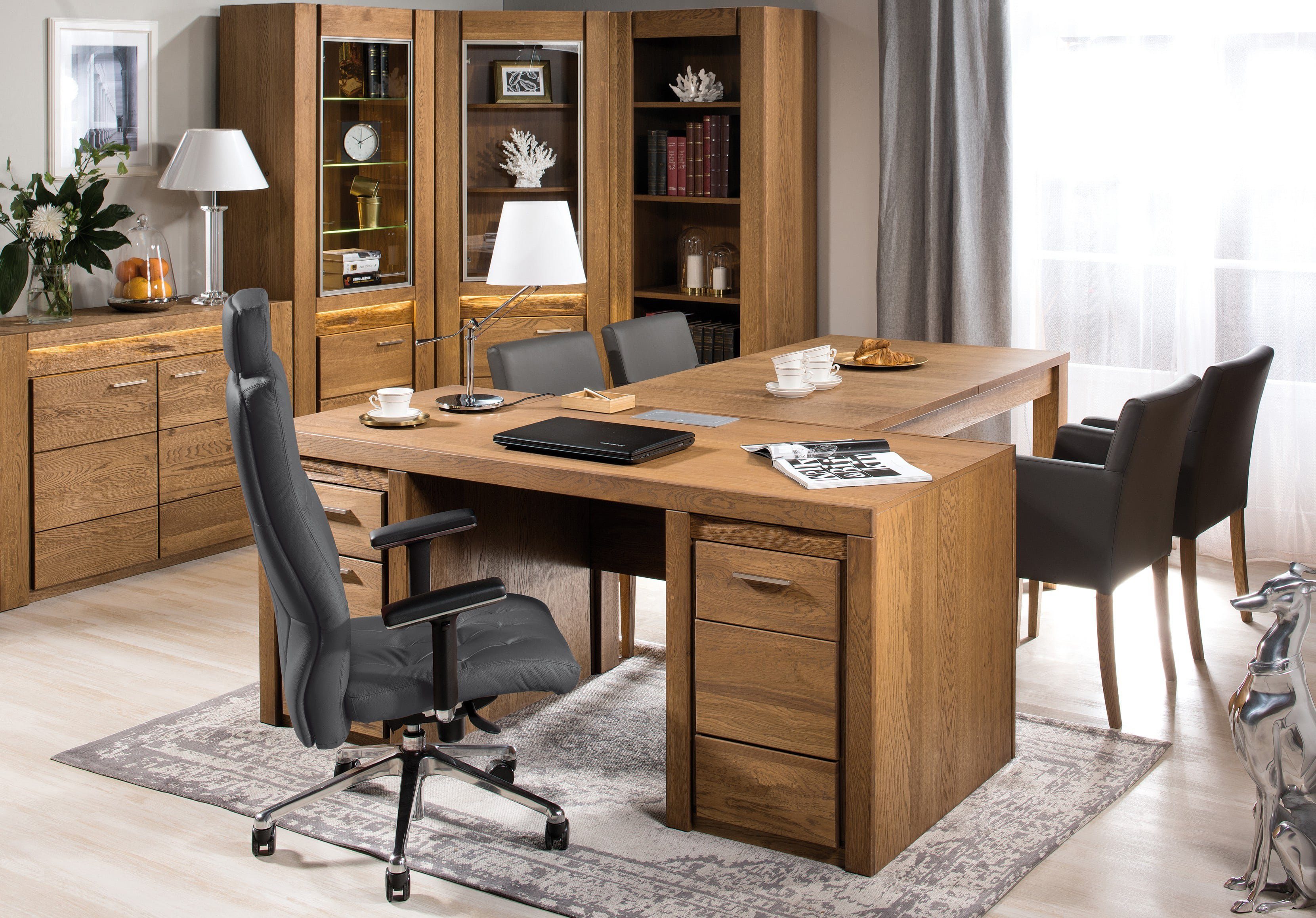 Massivholz Bürotisch), Vittorio mit rechteckig, Eiche aus Stauraum (Computertisch, viel Stylefy Schubladen, Massivholz, Rustikal Schreibtisch