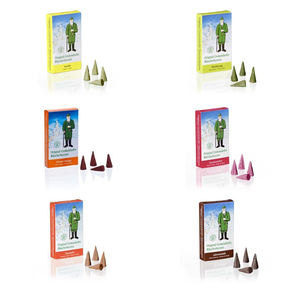 Crottendorfer Duftkerze 6er Set Weihnachtsdüfte zum Advent, Räucherkerzen Größe M - Inhalt jeweils 24 Stück - Made in Germany