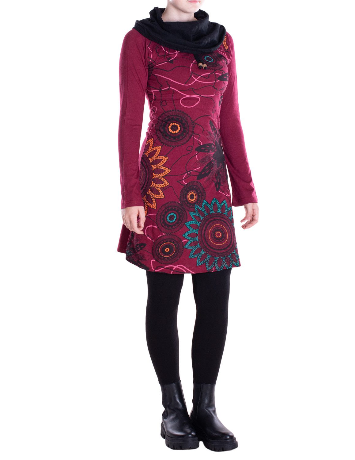 Vishes Tunikakleid Damen Mandala-Kleid Schal-Kragen Langarm-Shirtkleid Baumwollkleid Alternative Bekleidung, Boho, Hippie Style