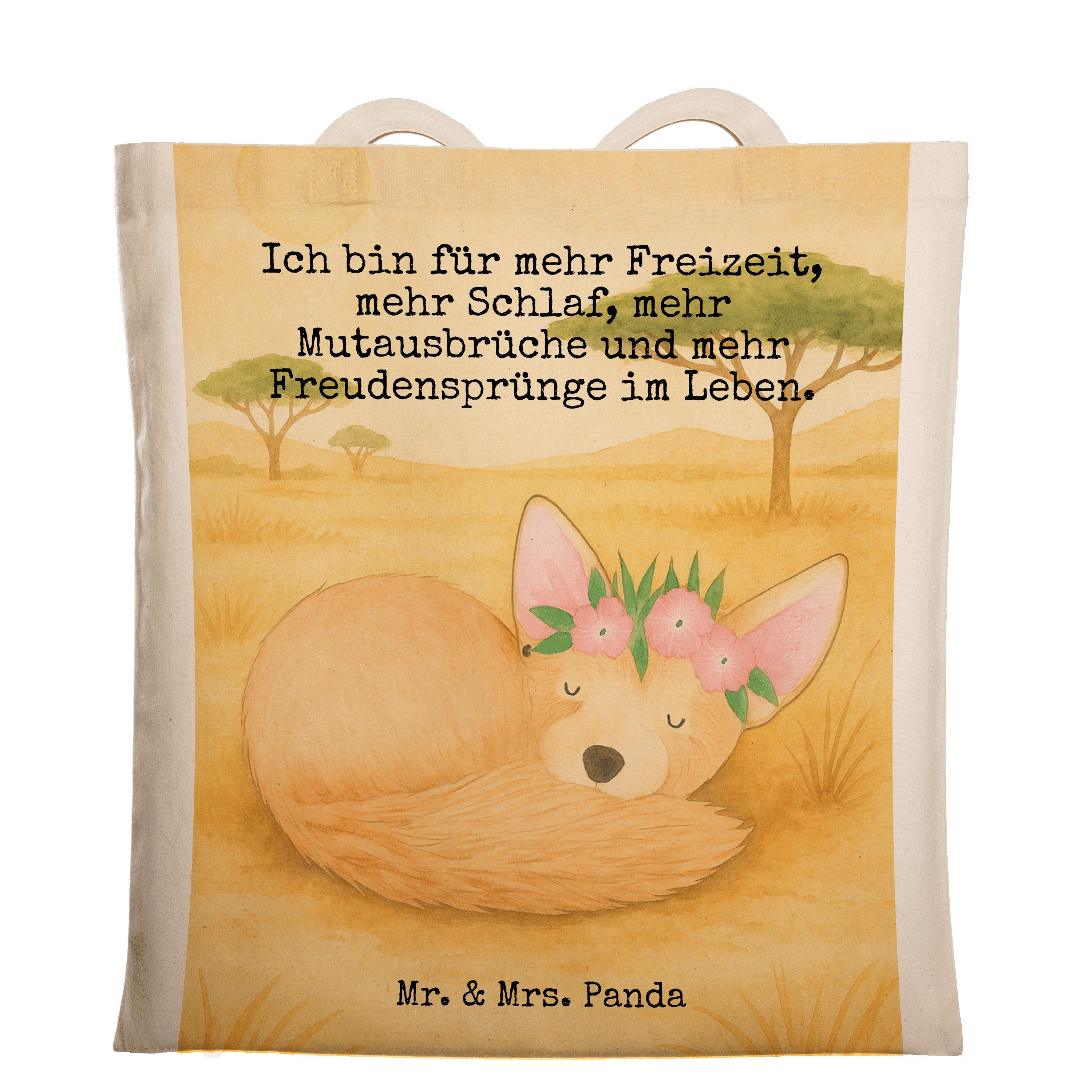 Mr. & Mrs. Panda Tragetasche Wüstenfuchs Blumen Design, Jutetasche, Weiß, Wüste, Afrika, Blumenkra (Packung), Tragetasche Jutebeutel Shopping Tasche