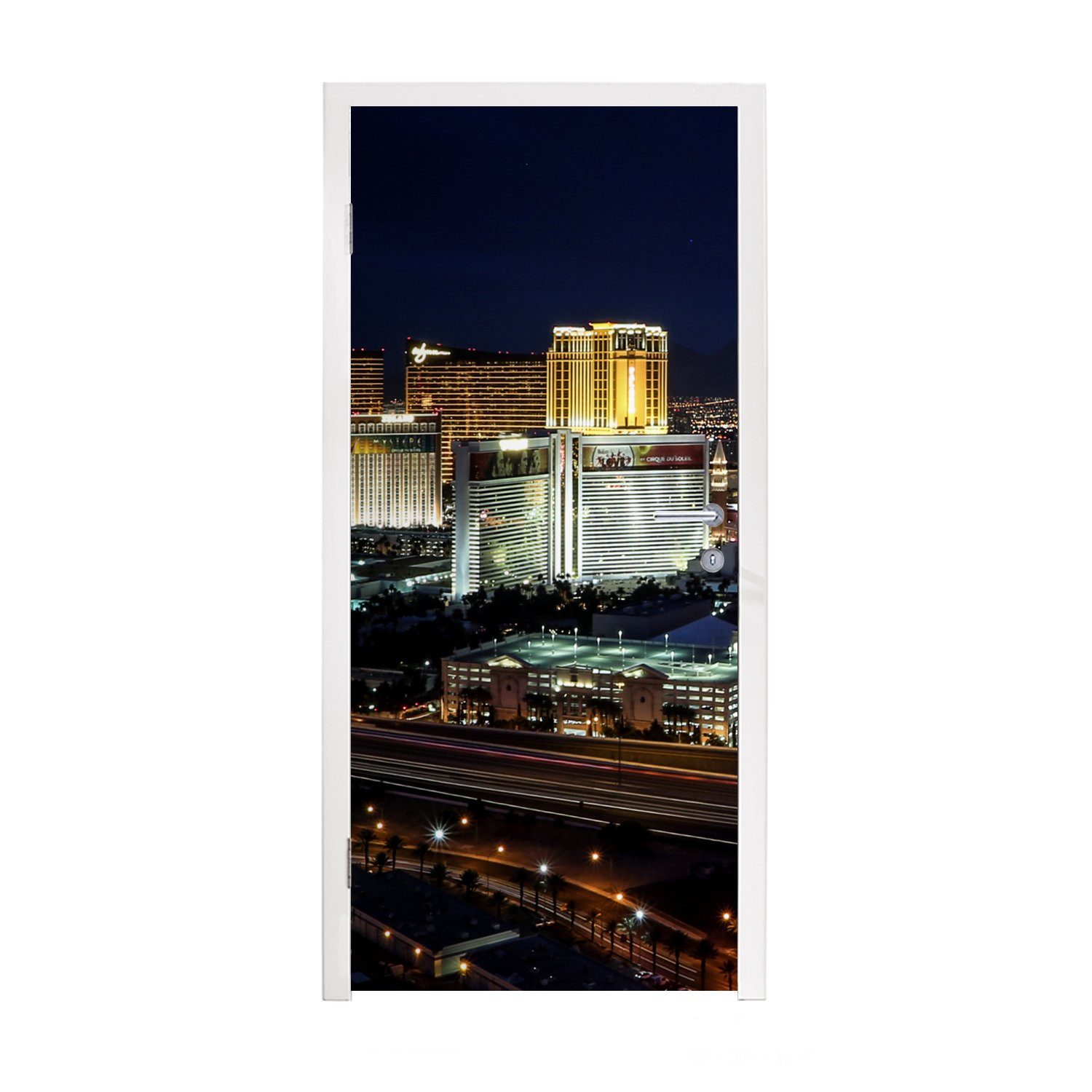 - St), (1 Stadt cm Vegas bedruckt, - 75x205 MuchoWow Las Tür, Matt, Nacht, Fototapete für Türtapete Türaufkleber,