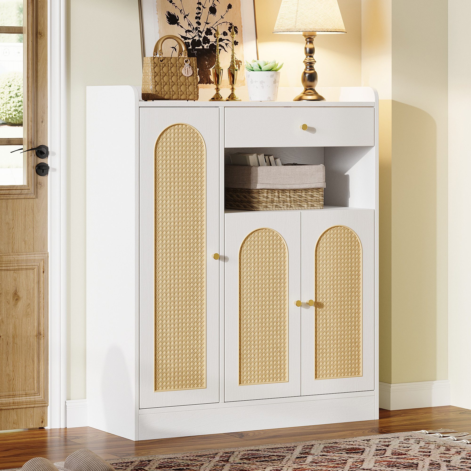 Flieks Schuhschrank Rattan Schuhkommode mit verstellbaren Einlegeböden (B90/T35/H110 cm, 1-St., Schrank für Wohnzimmer, Esszimmer, Flur, Schlafzimmer) Mehrzweck – Bild 4 von 5