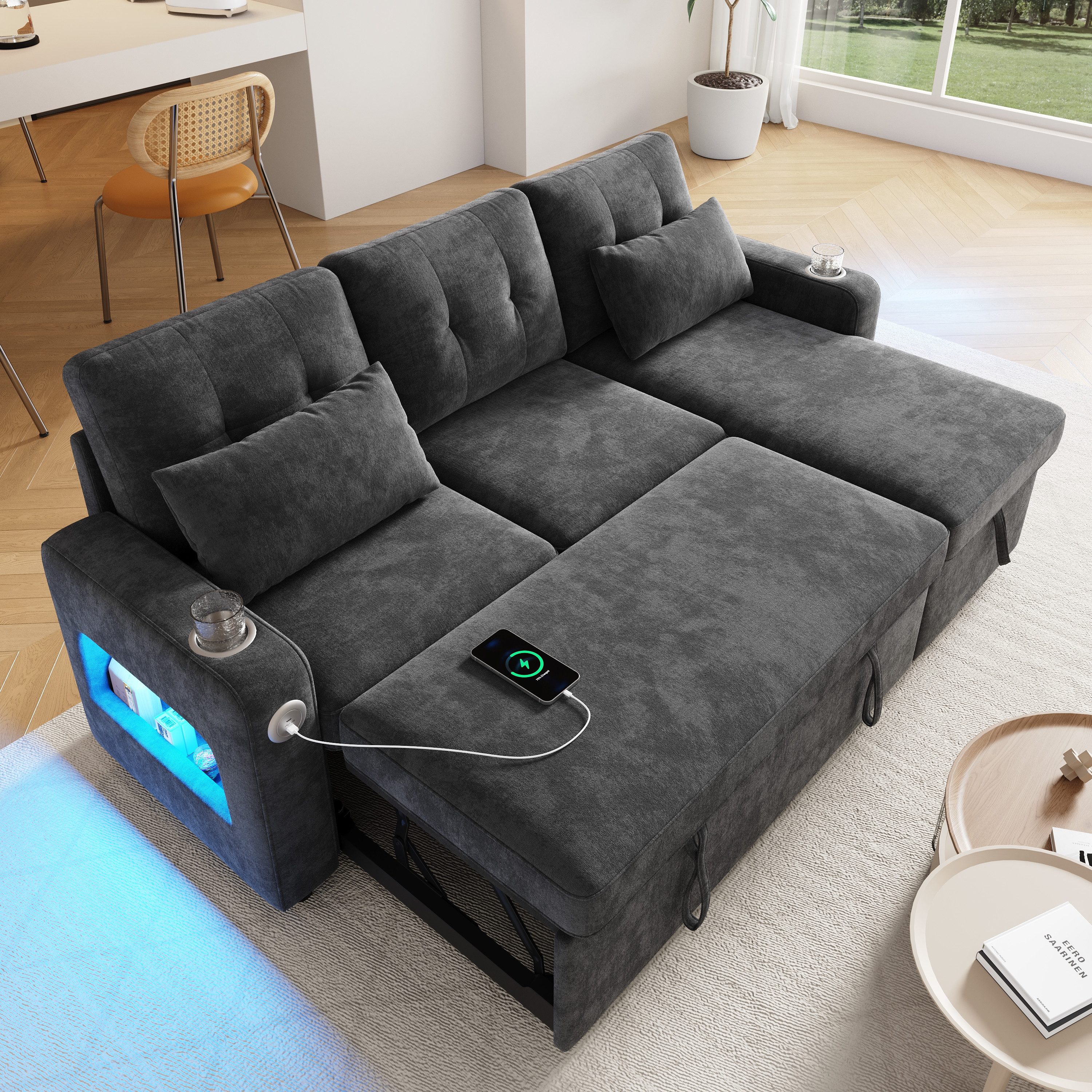 Merax Ecksofa mit LED‑Beleuchtung & USB, L-förmiges Sofa mit Schlaffunktion, multifunktionales Schlafsofa aus Chenille, für Wohnzimmer/Schlafzimmer 1 Teile, 3-Sitzer-Sofa mit Getränkehalter, Seitentaschen & verdeckten Stauraum