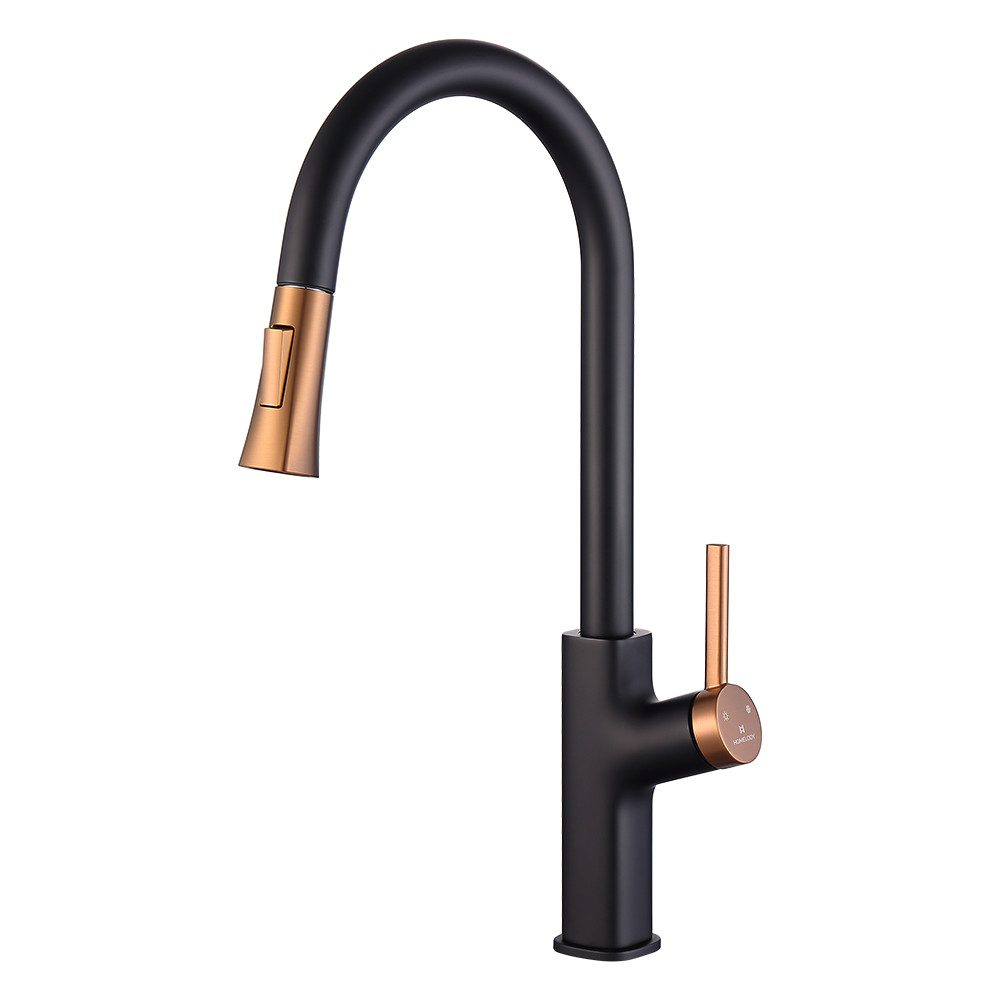 HOMELODY Küchenarmatur Wasserhahn Küche 2 Strahlart Spültischarmatur Hochdruck Mischbatterie Ausziehbar 360°-Drehbar mit Höhe-Bogenauslauf, Schwarz