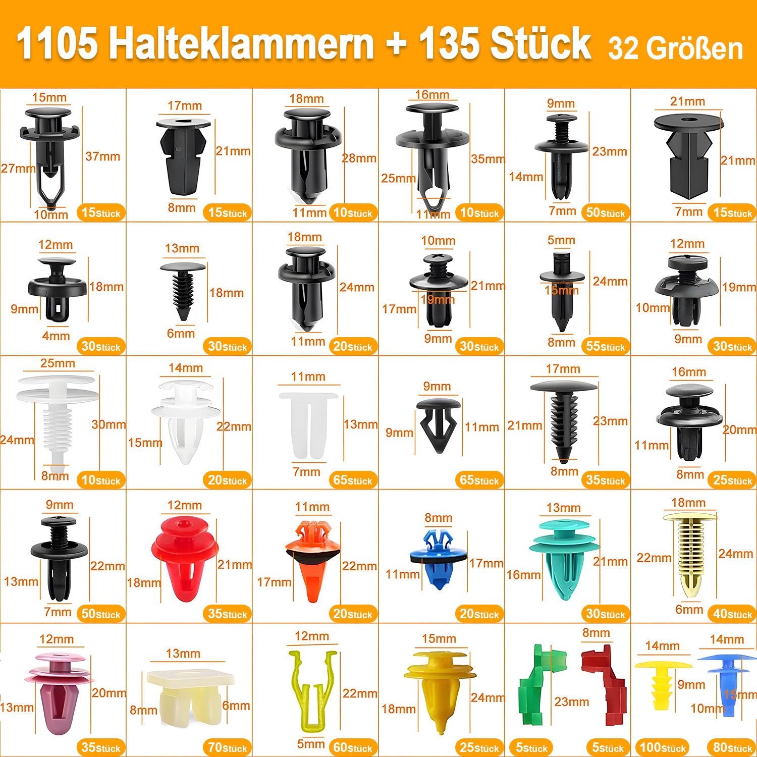 HEYHIPPO Schrauben- und Dübel-Set Auto-Clip-Set 1240-teilig, 32 Sorten – Nylon für Stoßstange & Tür, (Spar-Set, 1240 St., 32-teiliges Auto-Clip-Sortiment, für Stoßstange & Verkleidung), Universelles Befestigungsclip-Set für Auto – inkl. Ausbauwerkzeug