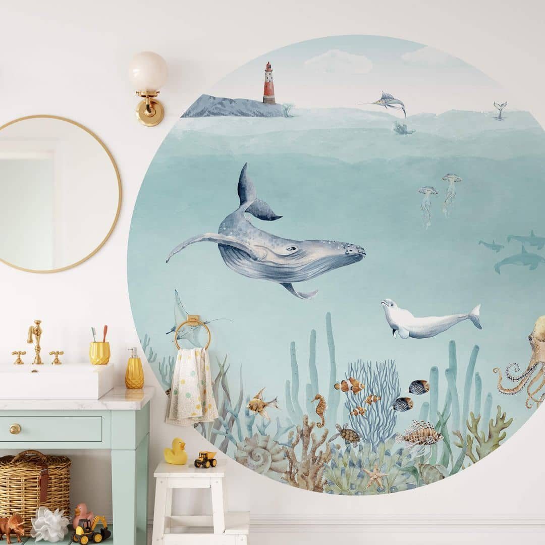 K&L Wall Art Fototapete Fototapete Baby Kinderzimmer Tapete Meerestier Delfin Seepferdchen rund, große Kinder Motivtapete