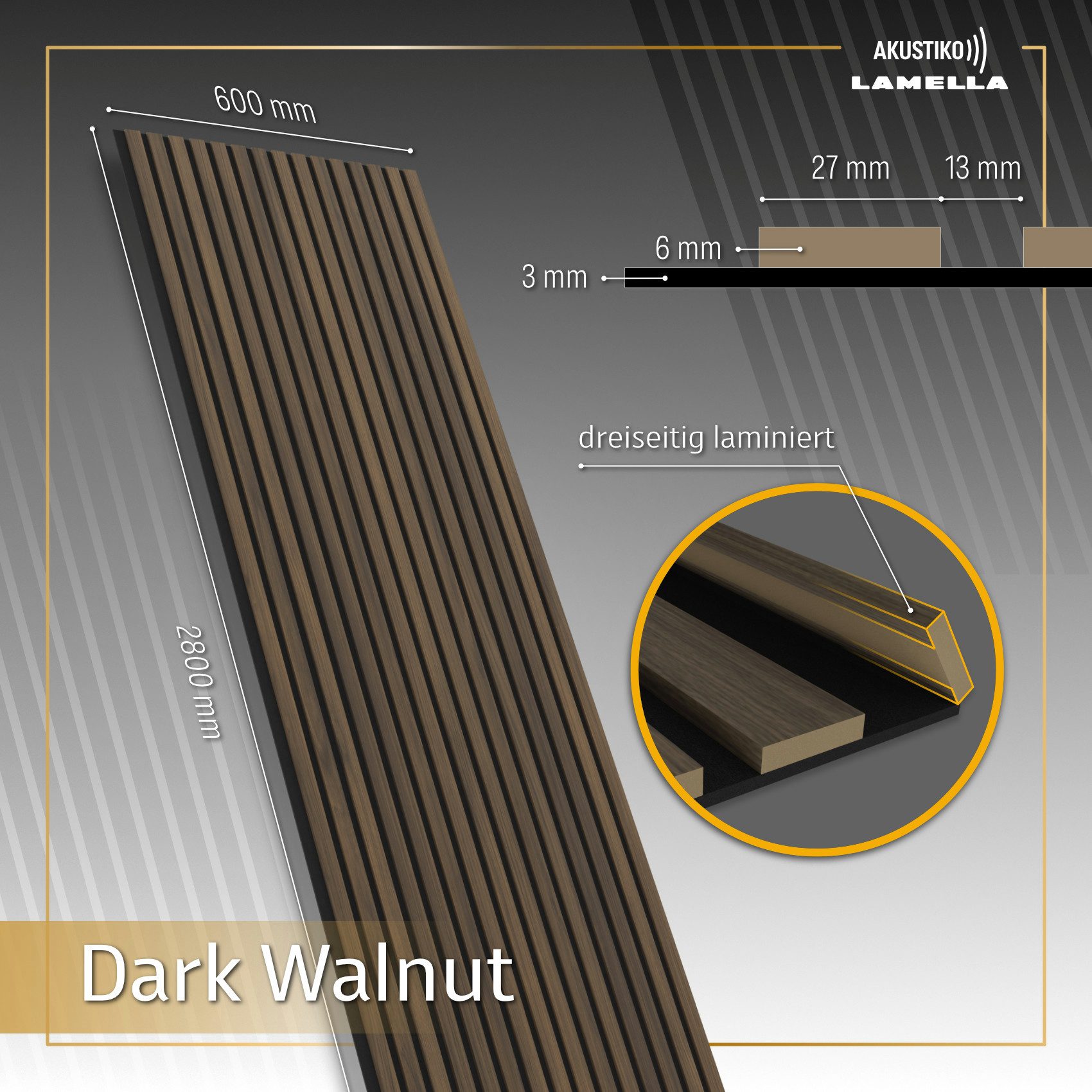 AKUSTIKO Wanddekoobjekt AK02 (Lamella Akustikpaneele 2 Stück 280x60cm - flexible Filz MDF Wandpaneele fugenlos - überlappende Holz Lamellenwand Akustikfilz - Akustik Wandverkleidung von HEXIM (3.36m² Dark Walnut)