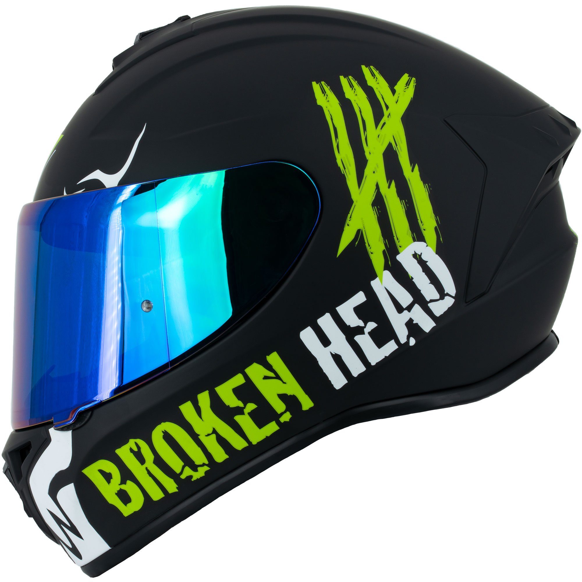 Broken Head Motorradhelm Adrenalin Therapy 4X Schwarz-Weiß (mit klarem und grün/blau verspiegeltem Visier), inklusive 2 Visieren