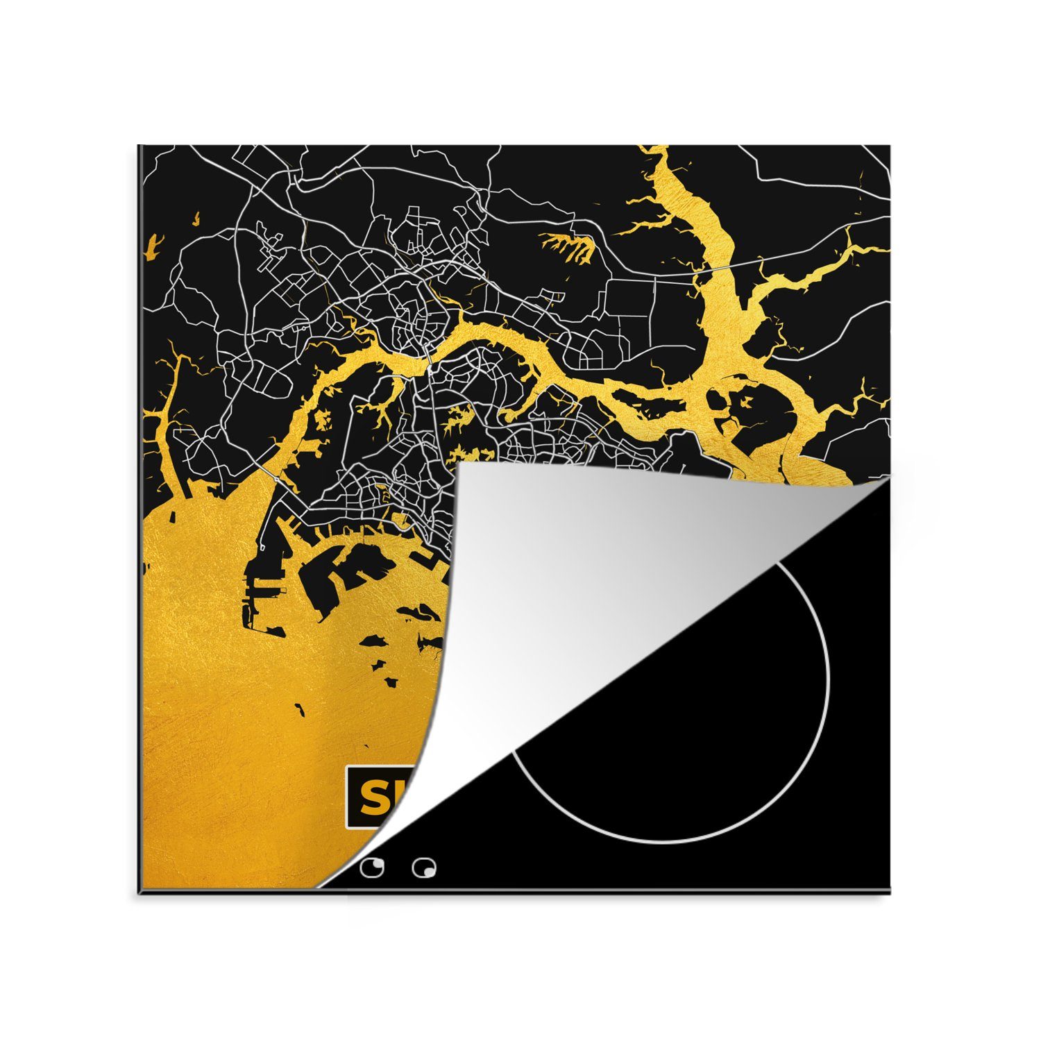 - Herdblende-/Abdeckplatte für (1 Vinyl, MuchoWow Arbeitsplatte Karte - cm, tlg), 78x78 Ceranfeldabdeckung, - Gold küche Singapur Stadtplan,