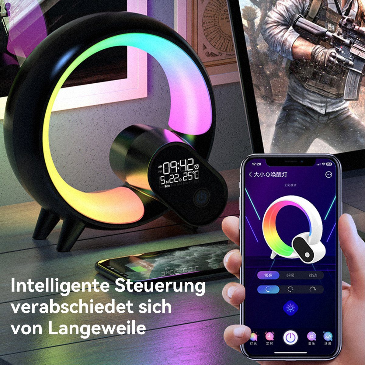 Intelligentes Schwarz Wecker, DOPWii Nachttischlampe dimmbar, mit Umgebungslicht, Bluetooth