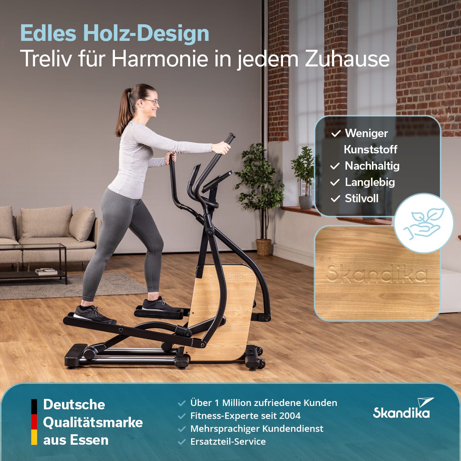 Skandika Crosstrainer für Zuhause Treliv P22, Ellipsentrainer Rahmen aus Eisen (mit Echtholz, Transportrollen, Bluetooth, bis 135 kg, Tablet-Halterung), 32 Stufen, 22 Programme, Magnetbremse, Kinomap App kompatibel