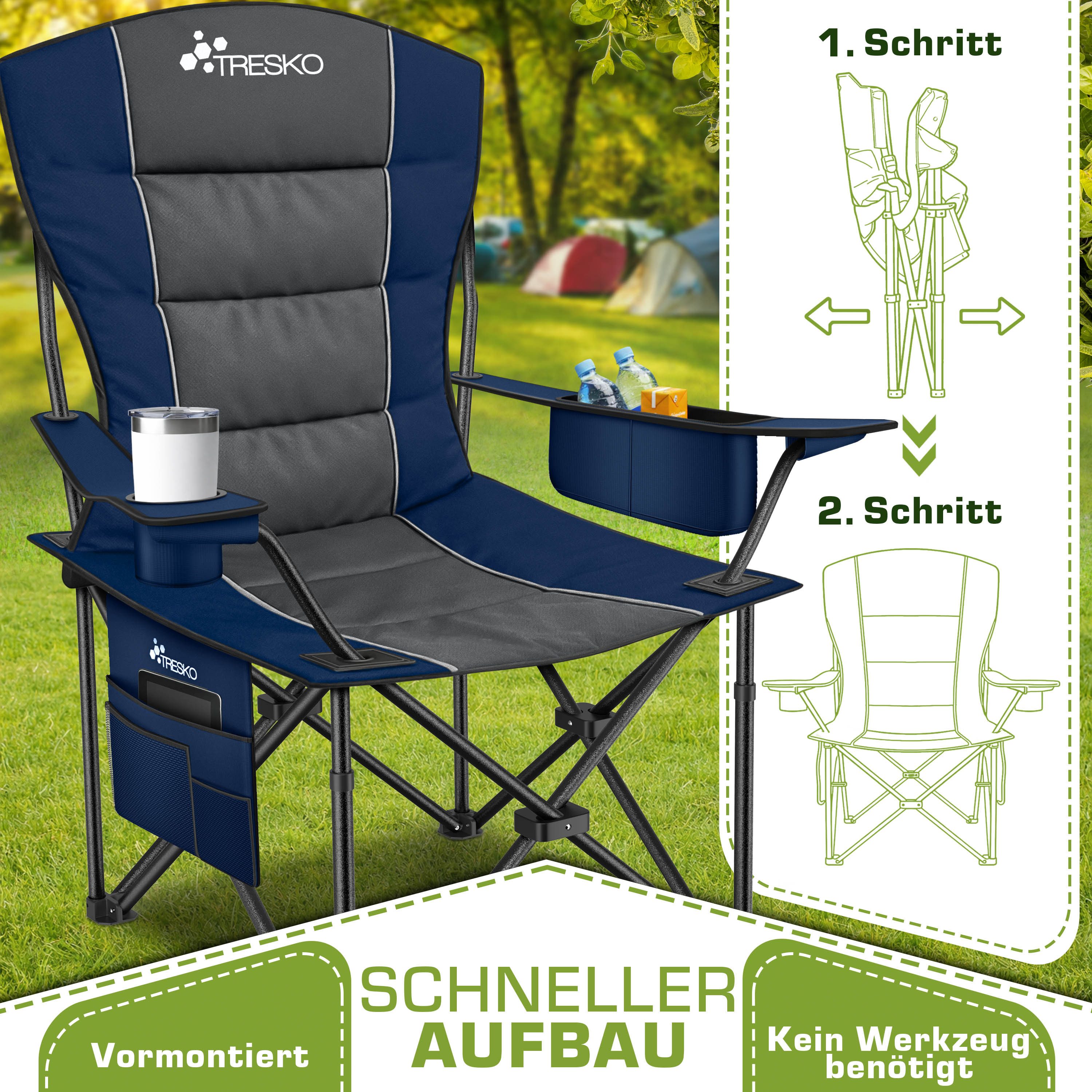 TRESKO Campingstuhl Faltbar bis 200kg Faltstuhl mit Kühltasche, Getränkehalter (Seitentasche, Klappstuhl XXL inkl. Tragetasche Angelstuhl), gepolstert für Outdoor, Angeln, Festival & Garten