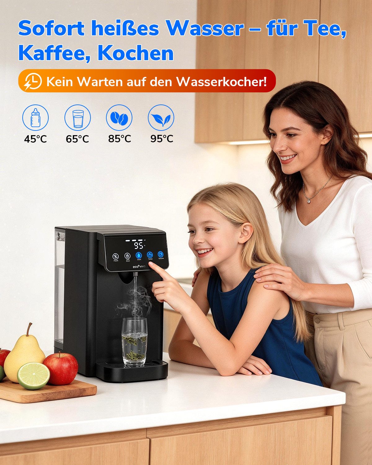 Ecoviva Wasserfilter MATE5 Auftisch Osmoseanlage Trinkwasser mit Heißwasserfunktion, 8-Stufen-Filter, 5 Temperaturen, inkl. 1.2L Glaskaraffe