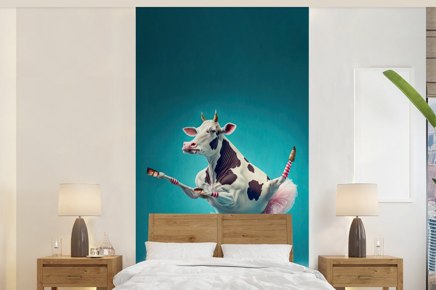 MuchoWow Fototapete Kuh - Ballett - Porträt - Blau - Tiere - Kind, Matt, bedruckt, (2 St), Vliestapete für Wohnzimmer Schlafzimmer Küche, Fototapete