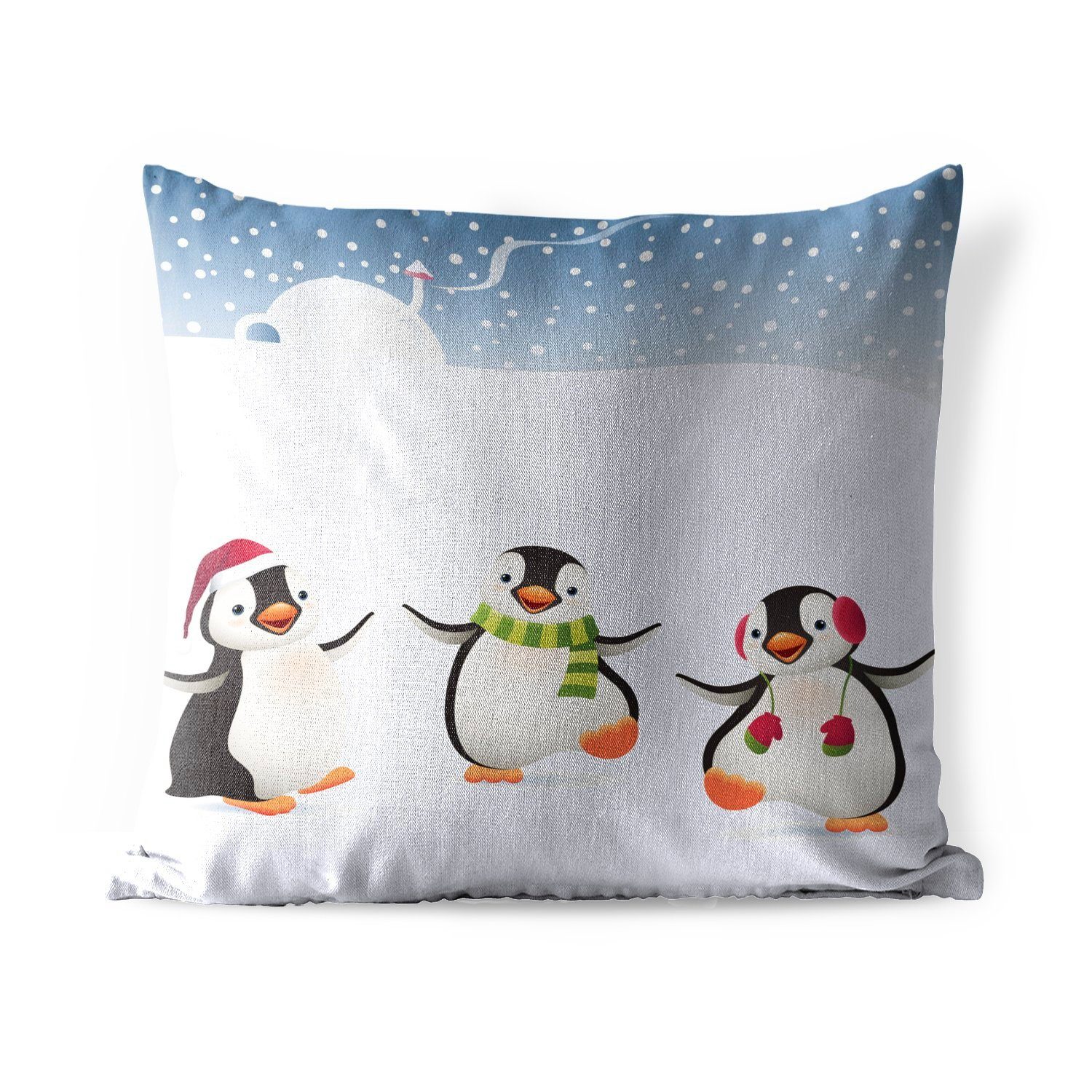MuchoWow Dekokissen Illustration mit drei im Schnee tanzenden Pinguinen, Kissenbezüge, Kissenhülle, Dekokissen, Dekokissenbezug, Outdoor