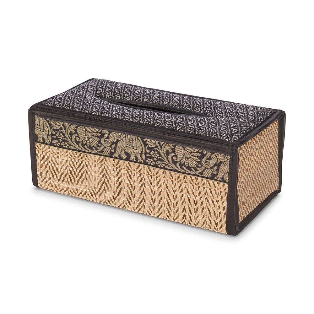 Kitama Papiertuchbox Kosmetiktücher Taschentuchbox aus natürlichem Bast mit Elefantenmuster (Schwarz/Silber), Made in Thailand