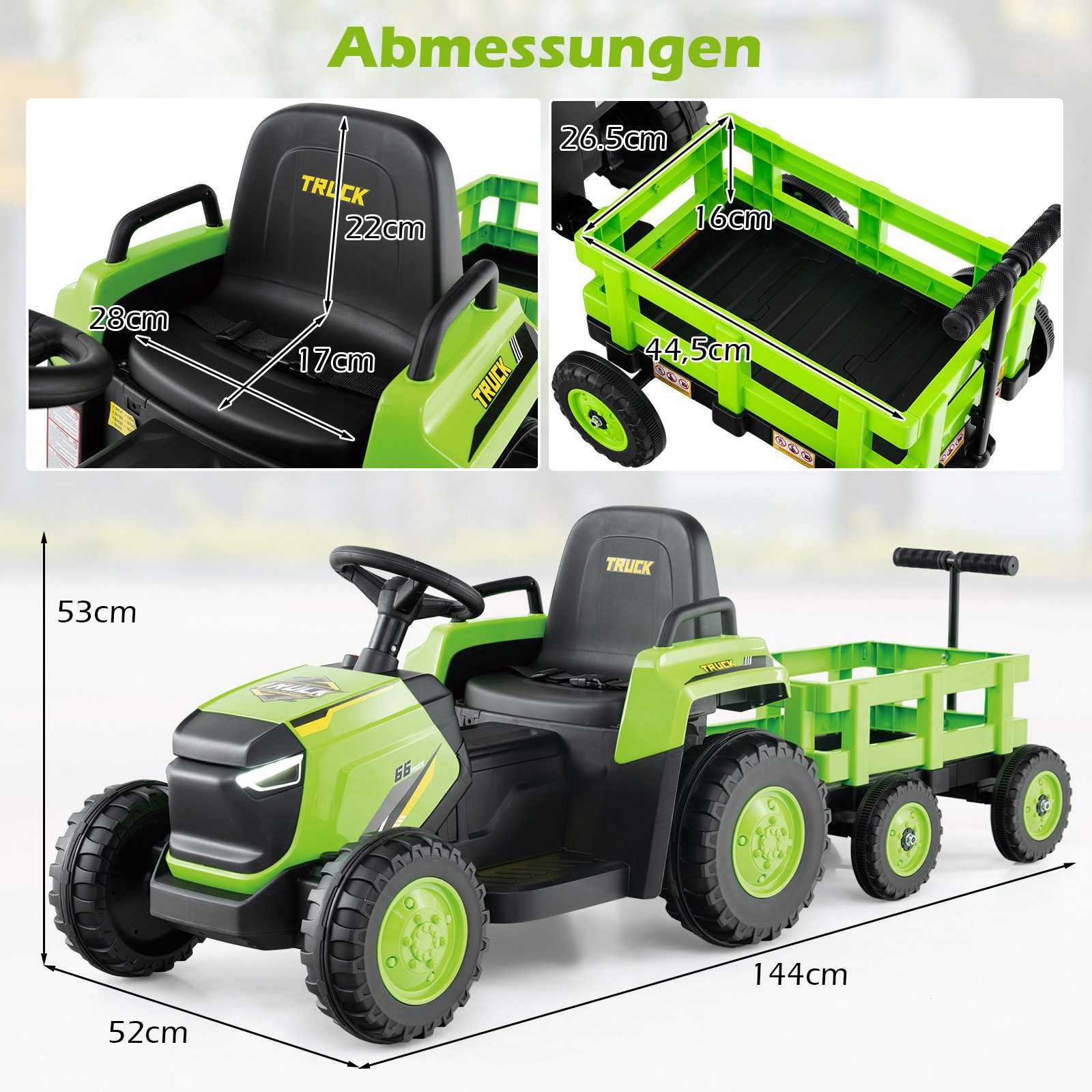 COSTWAY Elektro-Kinderauto, Belastbarkeit 30 kg, (1-tlg), Elektrofahrzeug, Kinder Rutsch-Traktor, mit abnehmbarem Anhänger