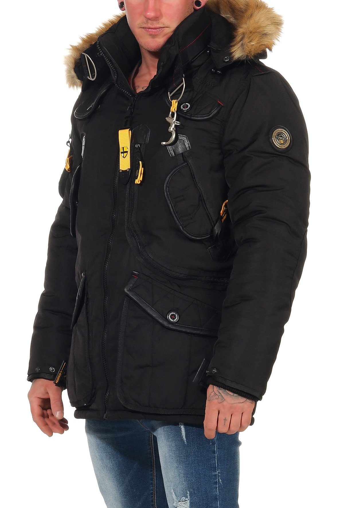 Winterjacke Agaros abnehmbar, Taschen Kapuze individuell Geographical viele Norway beides mit Fellbesatz: Schwarz