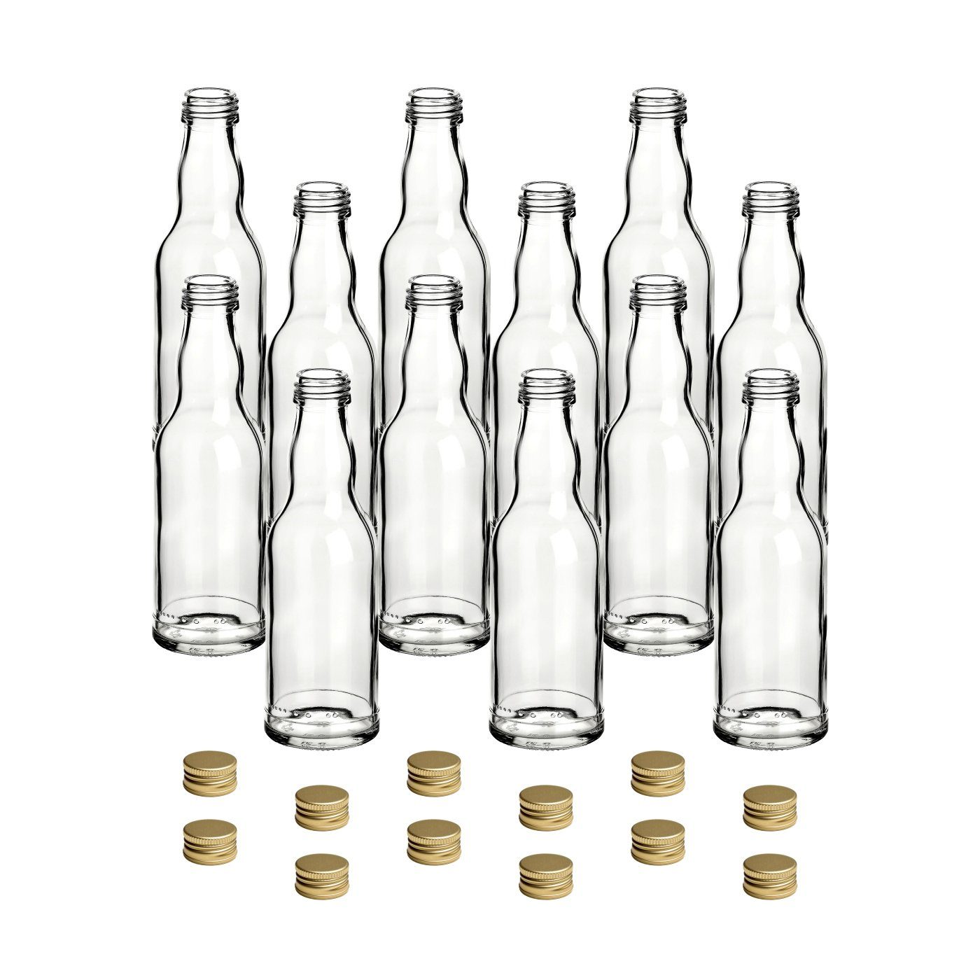 gouveo Trinkflasche Glasflaschen 200 ml Kropfhals mit Schraub-Deckel - Kleine Flasche 0,2l, 12er Set, goldfarben