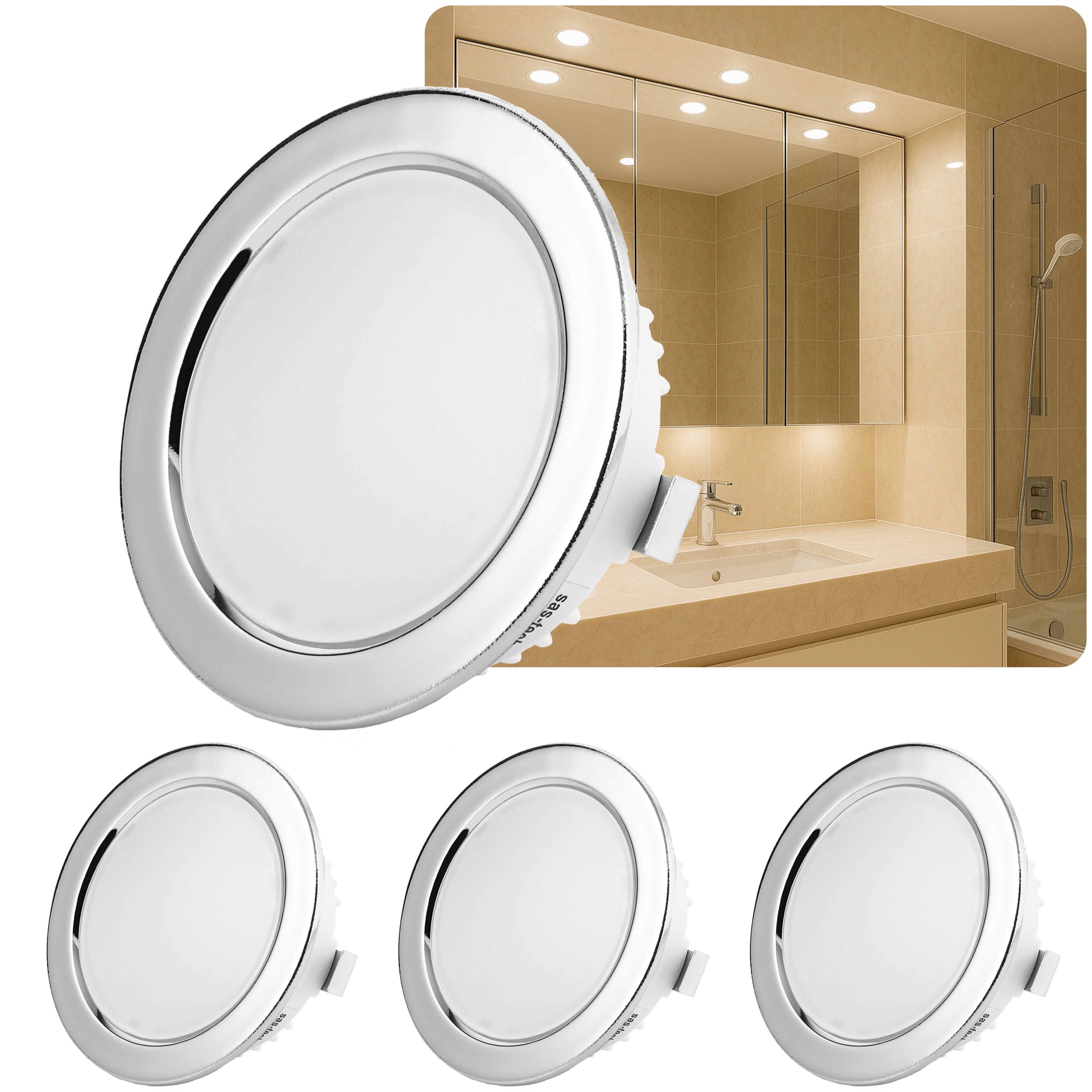 Sweet LED LED Einbaustrahler 4er Set 3,5 W Möbeleinbaustrahler IP44 chromfrabig 12 V, LED fest integriert, 3000K-Warmweiß, Möbeleinbaustrahler, Vitrinenbeleuchtung